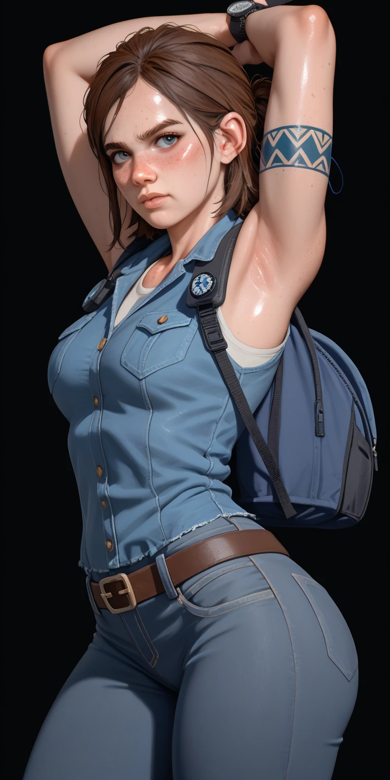 Jill Valentine, full body, masterpiece, best quality, 1girl, solo, standing, jillre1, long hair, beret, uniform, shoulder pads, short sleeves, harness, belt, bell-bottom blue pants(Wide flares on pants:1.2), cleavage, black boots, full body, perfect blue eyes, perfect red mouth,