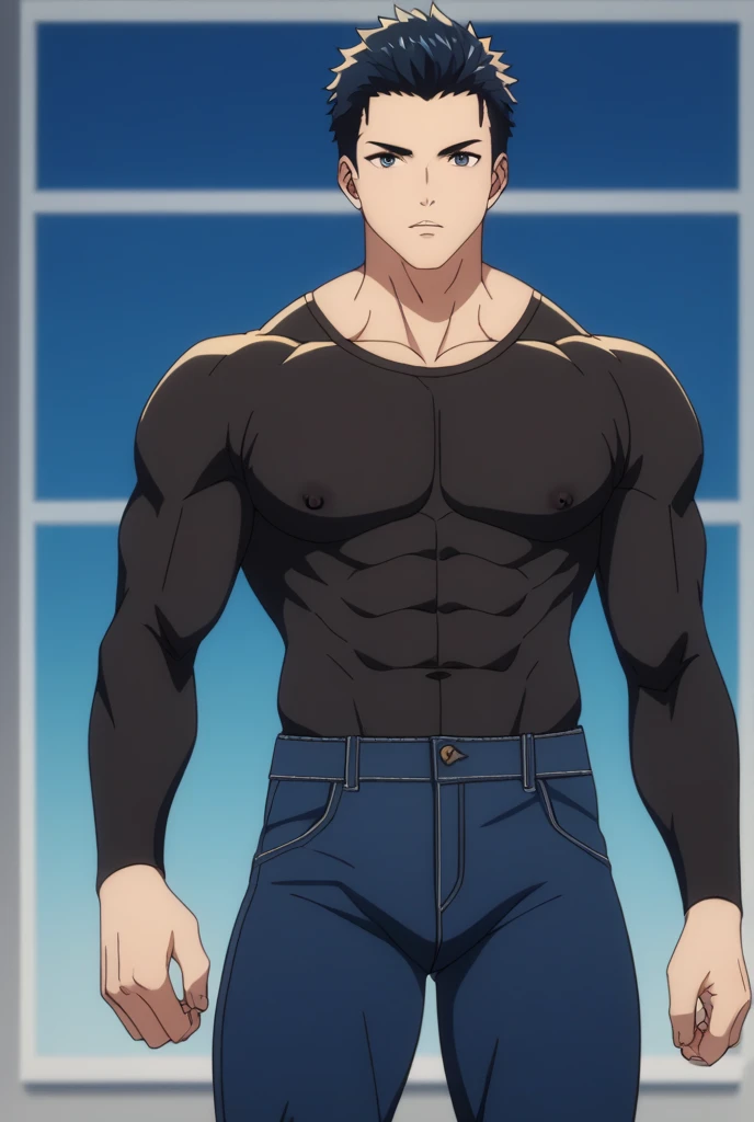 Subaru is flexing his biceps. He wears black shorts. You can see his thighs. He looks stoic and serious. He has bulging veins on his arms. He wears a black tshirt with short sleeves. His sleeve is completely rolled up so you can see his entire arm and shoulder. He is showing his abs too.