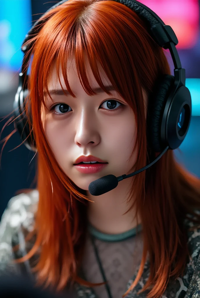 A mesmerizing close up portrait of a redhead with gaming headphones playing on the computer,