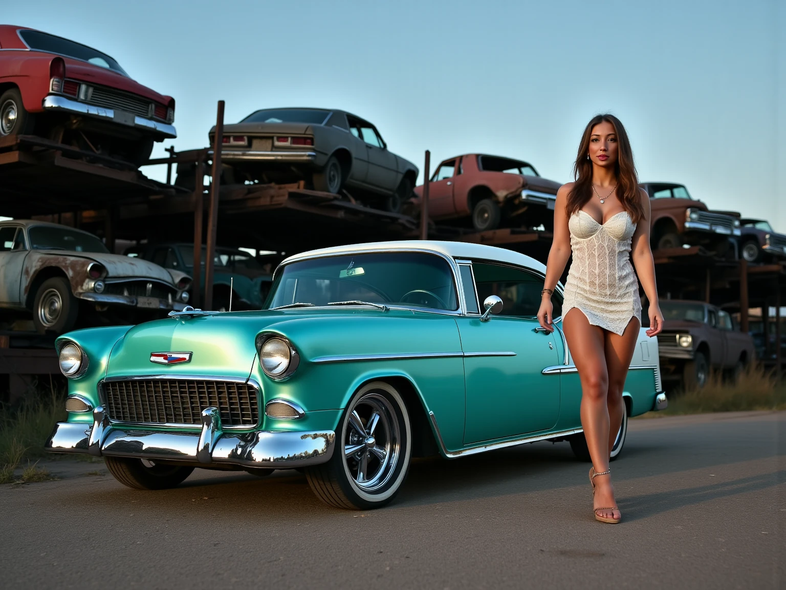 there is a woman sitting on the back of a car, automotive photography, inspired by Aaron Bohrod, inspired by Otto Eckmann, inspired by the Brothers Hildebrandt, classic cars, inspired by James Gurney, classic car, inspired by Brothers Hildebrandt, postprocessed, by John La Gatta, by Jason Felix, car photography, photobashing