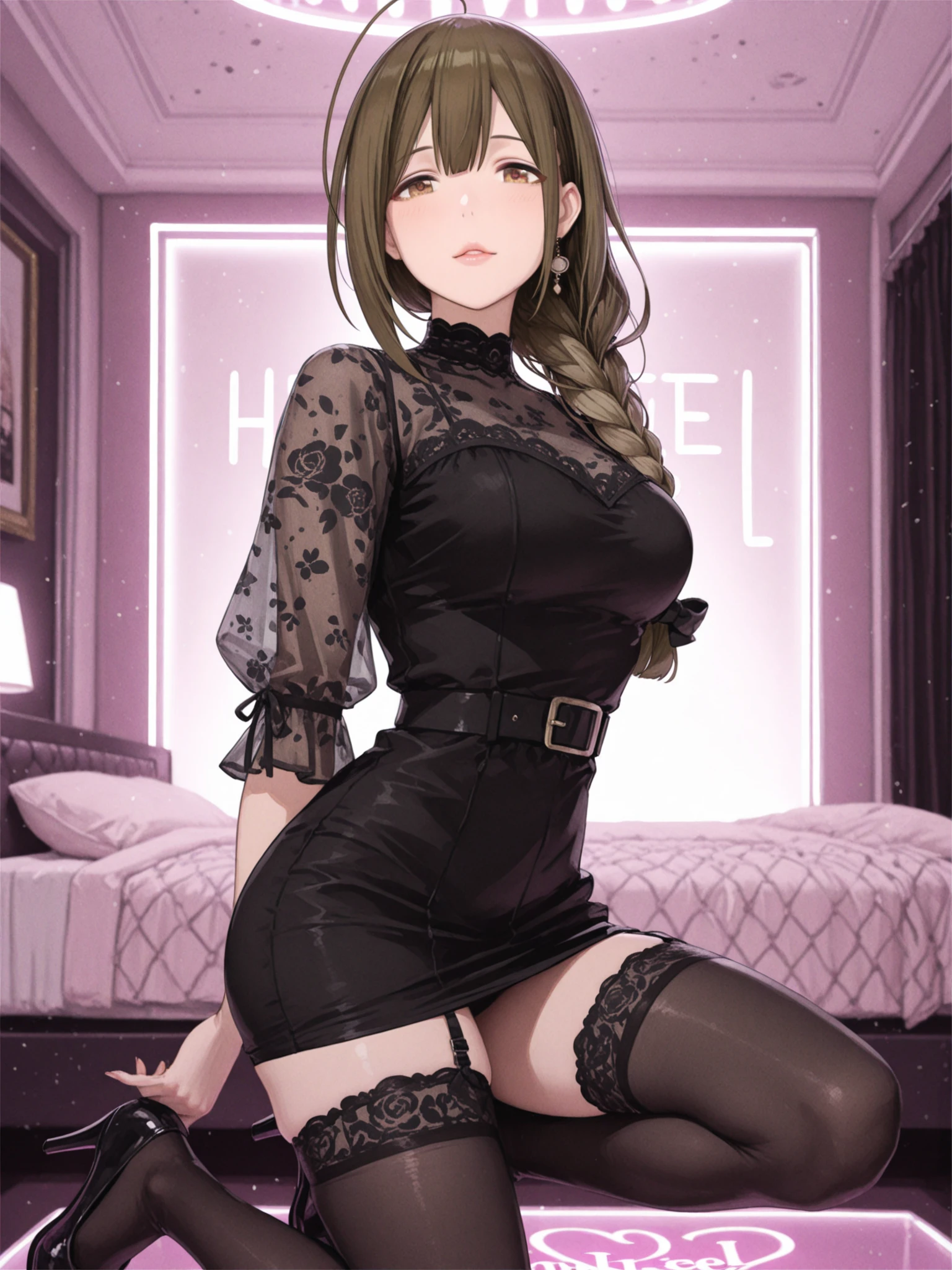 ubel,((ubel of Frieren: Beyond Journey's End )),dark green hair,long hair,side ponytail,hair between eyes,bangs, BREAK (beret, black jacket, open clothes, cleavage, midriff, black shorts, black thighhighs, thigh strap, fingerless gloves, single glove:1.2) ,(*K) HD, highest quality, WorKs of masters, High resolution, spread legs, panties shot,1 girl, small nose,(with sparkling eyes and a contagious smile), very beautiful detailed face and eyes, bright colors, cute face, delicate beautiful face, Bright magenta eyes, cute eyes, sparkling eyes, Big eyes, (big breasts:1.3), (perky chest:1.1), (pointed chest:1.0), medium hips, glamorous body, white skin, smile, thin pubric hair, shiny hair, super beautiful face, Super beautiful eyes, Super beautiful hair,trendy outfit,magazine cover,sexy and attractive,explosion of colors,BlacK color hair,big hairpin,full body esbian,illegal occupation, Real World, Natural light,perfect Natural light,looking at viewer,