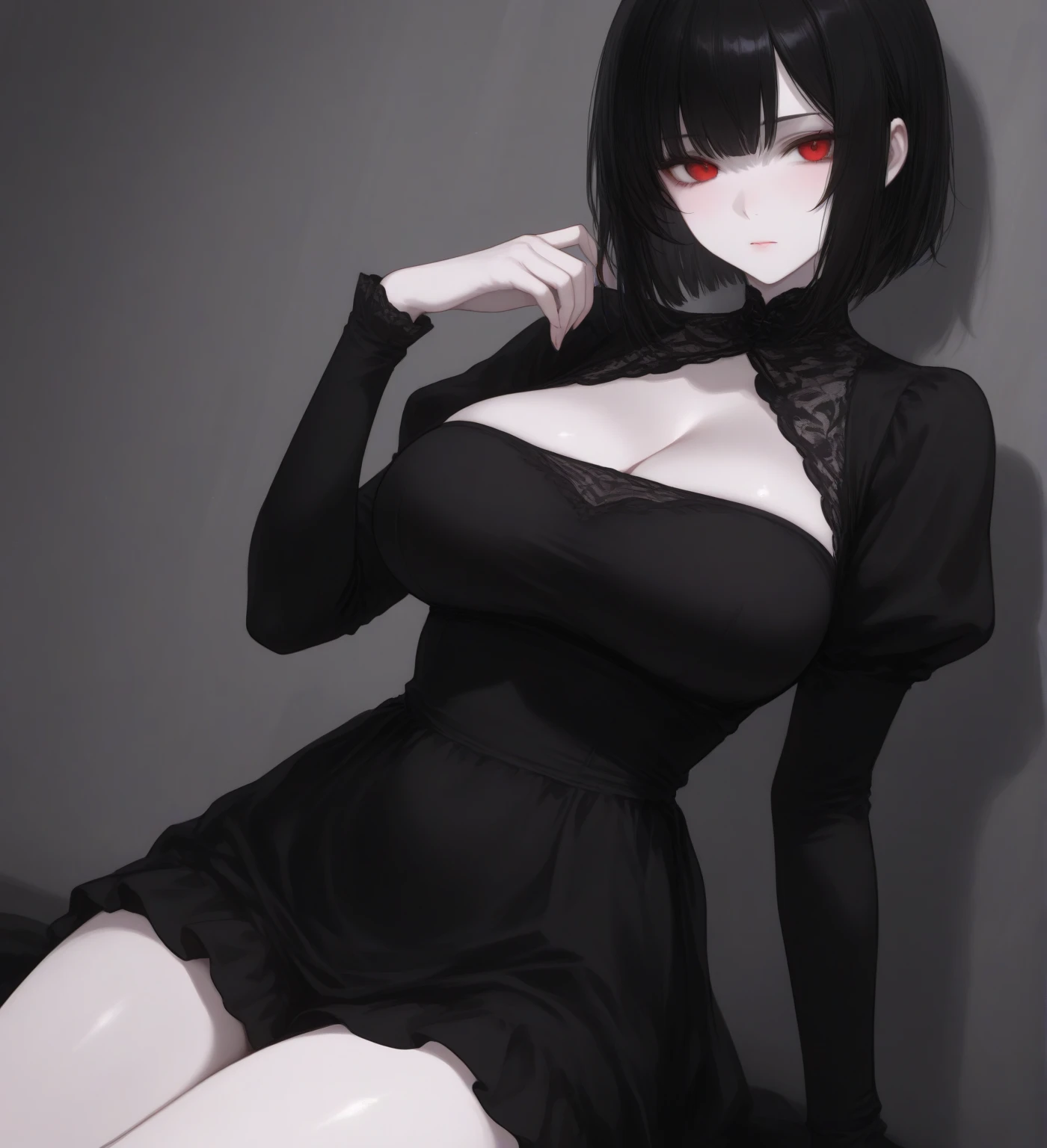 1girl, solo, mature female, (pale skin:0.8), red eyes, black hair, messy hair, short hair, hair between eyes, wolfcut, pixie cut, goth, gothic, punk, choker, black lips, black dress, skirt, legwear, breasts, night, (lighting:0), (black background:0.8)