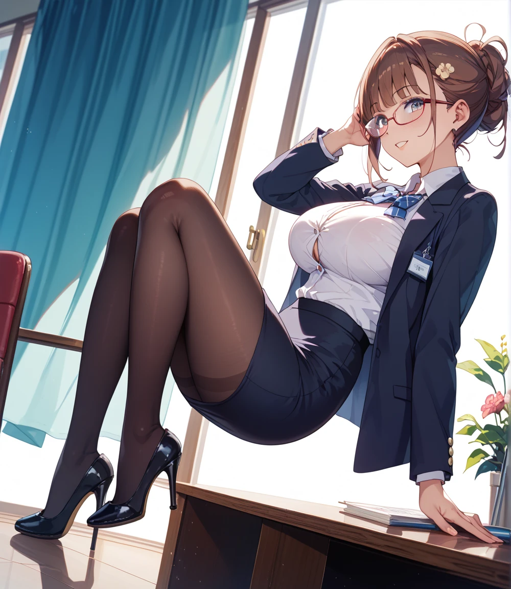 (masterpiece), (Best Quality), High resolution, Ultra Detail, photographrealistic, 8K, intricate face, Soft breasts, Narrow waist, athletic bodies, Detailed body, Detailed face, Beautiful, brown hair, short permed hair, Business Suit, pencil skirts, tie, Wearing glasses, grinning evily, Put your hand to your mouth, Dye cheeks, Sitting on a chair, cross one's legs, Office, (low angles, From below),