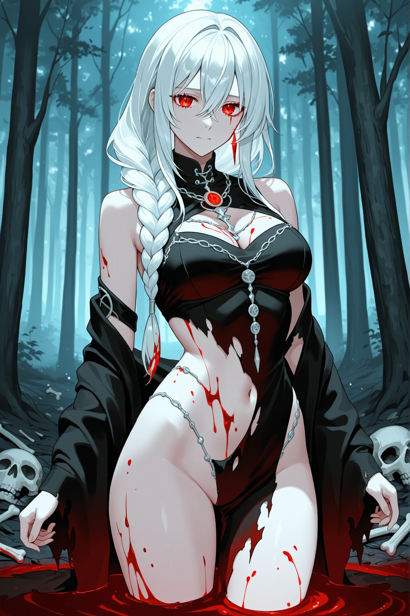 A sexy vampire in short white clothes stained with blood, staring at the viewer, full body, flowing blonde hair, menacing gaze and gleaming vampire fangs, blood staining her pale face, big, sharp nails ready to strike, in a night cemetery with intensely mesmerizing red eyes