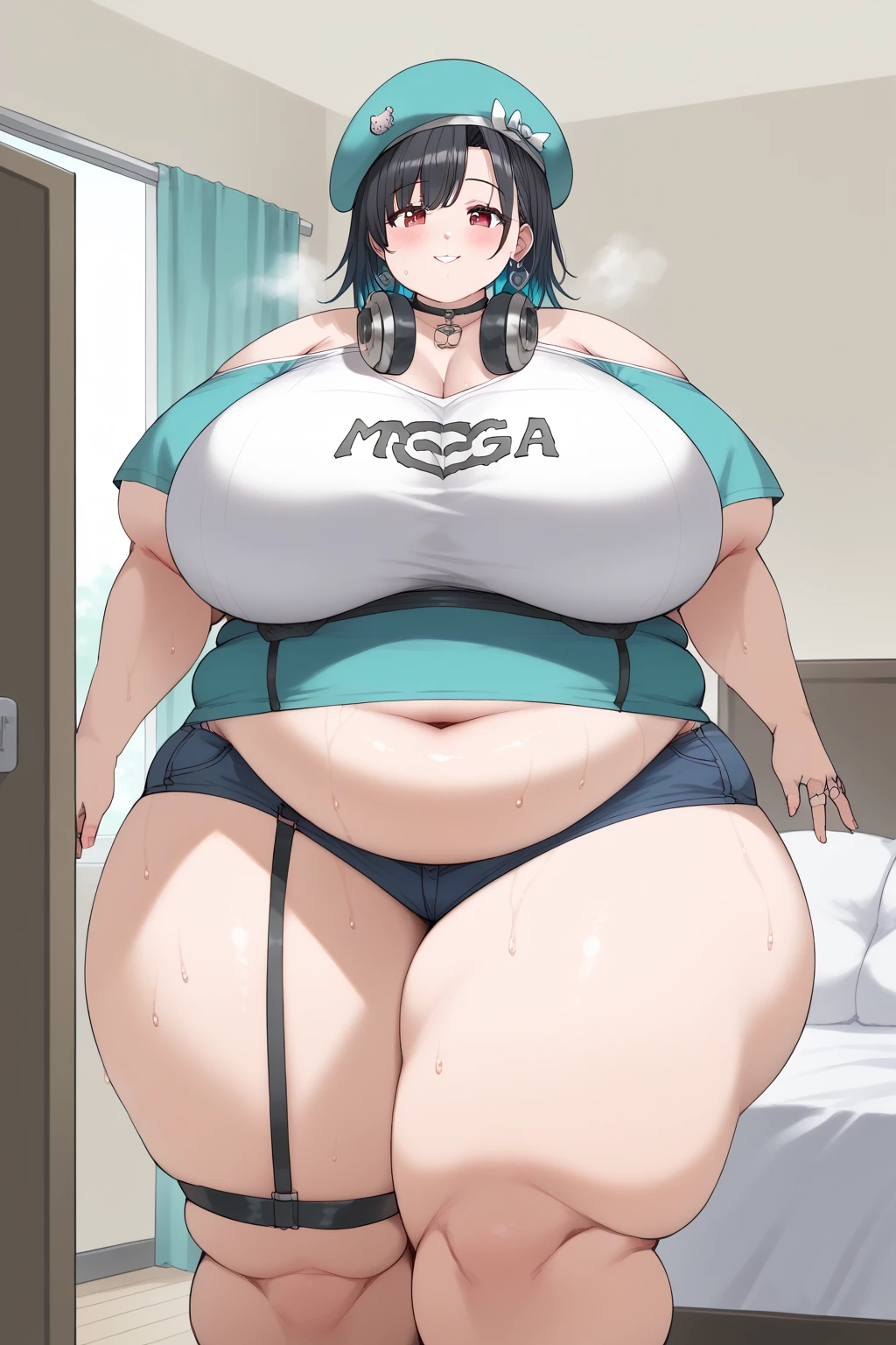(Masterpiece, Best Quality, High Quality:1.4), (professional artwork, extremely detailed girl:1.0), 8k, detailed eyes, perfect face, 2girl, (voluptuous, large lips:1.2), wide hips, thick thighs, top heavy:1.4), (skindentation, long eyelashes, dark eyeshadow, looking at viewer, looking at breasts, bully, showing breasts, exposing breasts, tight panties, grabbing breasts, large breasts, huge breasts, fat, plump, obese, chubby, belly sagging, belly sagging past panties, laying on back, eating, immobile, fat legs, fat belly, fat cheeks, fat face, morbidly obese, shirt, panties, laying on couch, wearing gaming headset, holding playstation controller