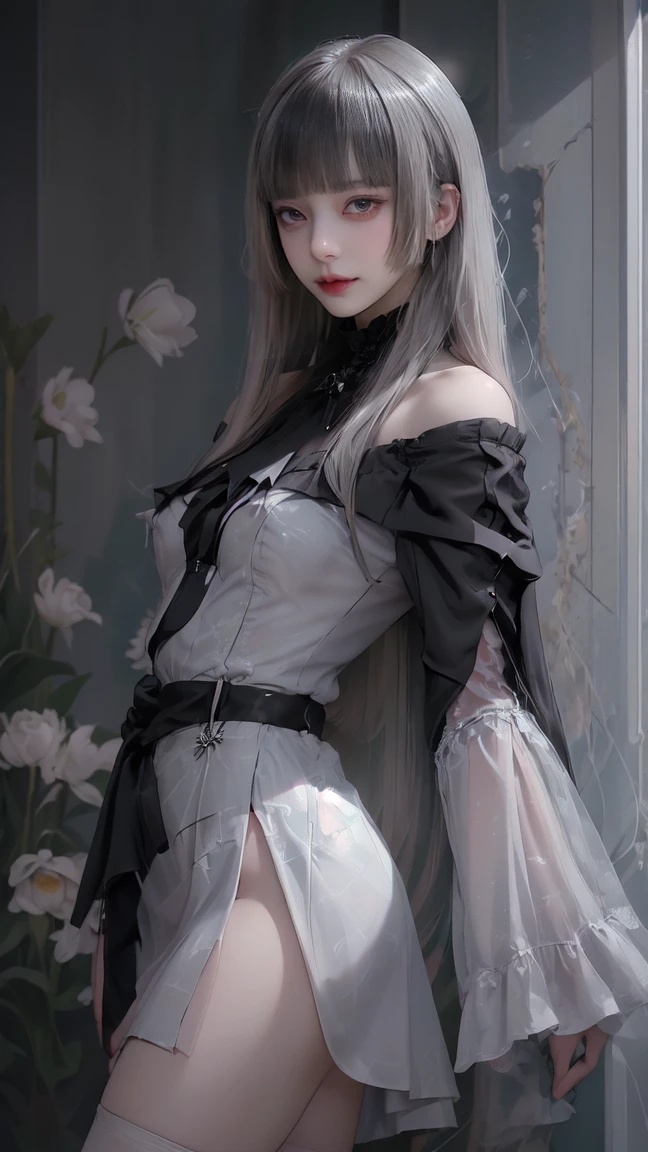 (best quality,4k,8k,high resolution,masterpiece:1.2),Super detailed,(actual,photoactual,photo-actual:1.37),gothic style,The atmosphere is gloomy,dark shadow,weird,unforgettable beauty,vampire girl,red eyes,Pale complexion,long hair,flowing long skirt,lace, short sleeves, collar,lace gloves,Purple eye makeup,night view,Mysterious moonlight,hint of blood red,Gloomy and mysterious,Palette: deep black and rich purple,dramatic lighting,Ethereal and supernatural beings