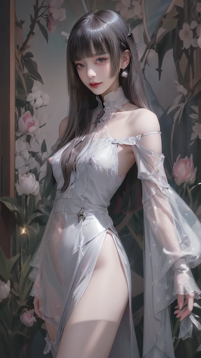 sh33rfl0r4l, long sleeves, black dress, off shoulder, bare shoulders, long dress, see-through, tulle dress, laser,leishe,(masterpiece, best quality:1.2), 1 girl, alone, ((off-the-shoulder clothes)), ((night)), lantern, candlelight, In the depths of Wonderland,The moonlight falls like water,foggy room,The figure of the heroine is vaguely visible,Just like the fairy in the painting,Slender sexy legs,very nice legs,Show sexy legs,big breasts,Beautiful with a hint of mystery。Her face is beautiful and delicate,Like finely carved jade,Showing otherworldly beauty。The eyebrows are picturesque,The waves in my eyes are like twinkling stars,Show the light of perseverance and wisdom。The bridge of the nose is straight,Lip color like cherry,The slightly raised corners of the mouth reveal confidence and calmness。Her face is well defined,The skin is as fair as jade,Reveals a healthy glow,Just like fairies, She never eats fireworks in this world。Her makeup is light and delicate,Not too much embellishment,But enough to show her temperament and charm。Light-colored foundation brings out the transparency of the skin,A light eyebrow pencil outlines her perfect eyebrow shape,Eye makeup is eye shadow and eyeliner,Make her eyes brighter and more energetic。Lips painted with grace lipstick,Adds a bit of charm and sophistication。Her clothes are graceful and chic,Clothes fluttering,It seems like it will be blown up by the wind at any time,drifting into the distance。Without losing grace,Also showed off her extraordinary skills。Rocking with her movements。Her hair is tied back casually,Secure it with a hosta,A few strands of hair flutter gently in the wind,Adds a bit of softness。Her figure is looming in the fairyland,Like a big breastsbeautiful landscape,Attracted everyone's concern。She seems to be a fairy in wonderland,big breastsbeautiful、grace、mystery、and full of power。
