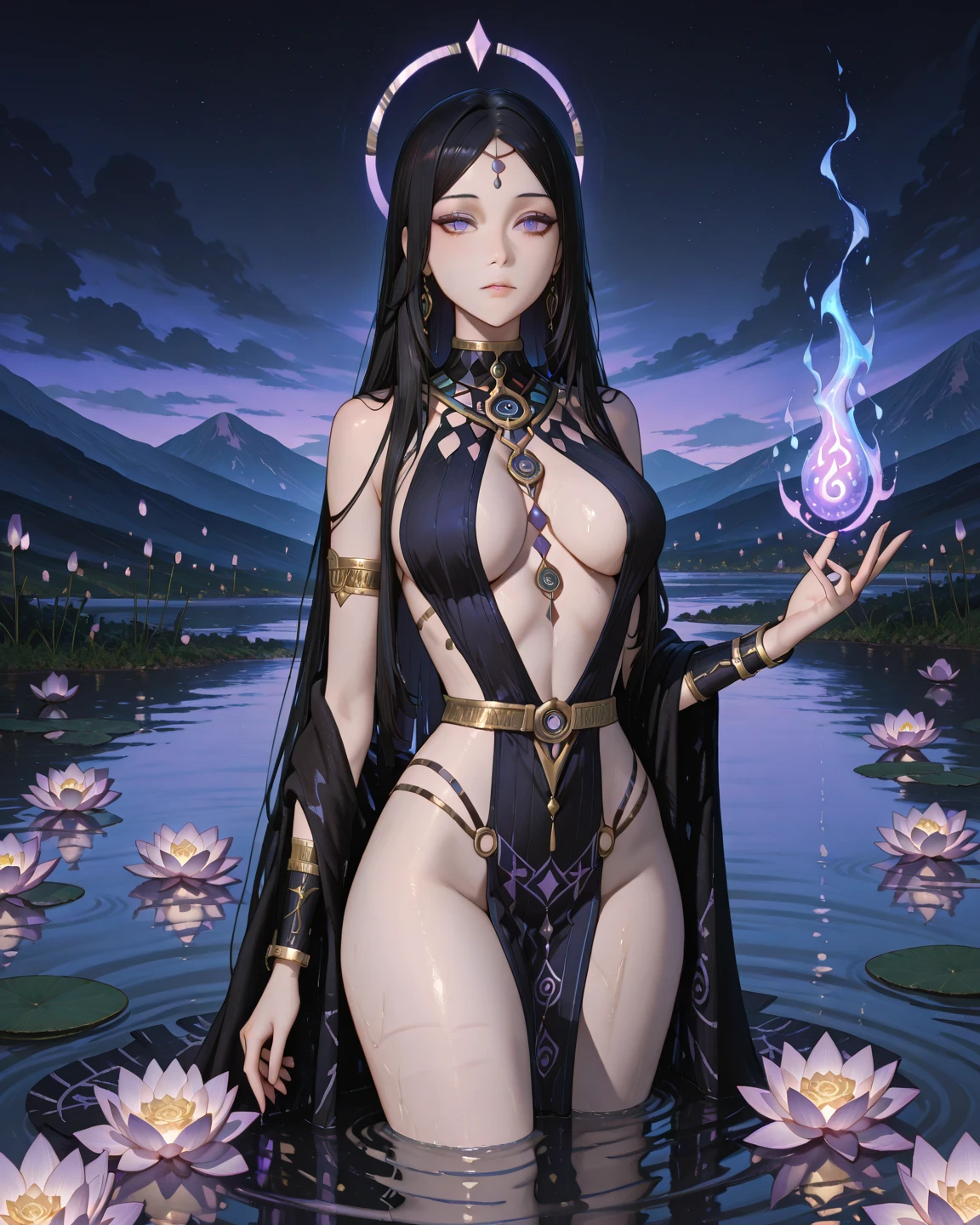 ((mythological being enchanted humanoids)),((naked girl)) ((big breasts) gray body, white eyes, black hair, high quality 3d image close up, smiling, looking at the camera, with a crown, and a scepter in hand with a skull, masterpiece, high detail, exposed breasts, big breasts, in the black forest, exposed midriff, standing, in the background a village