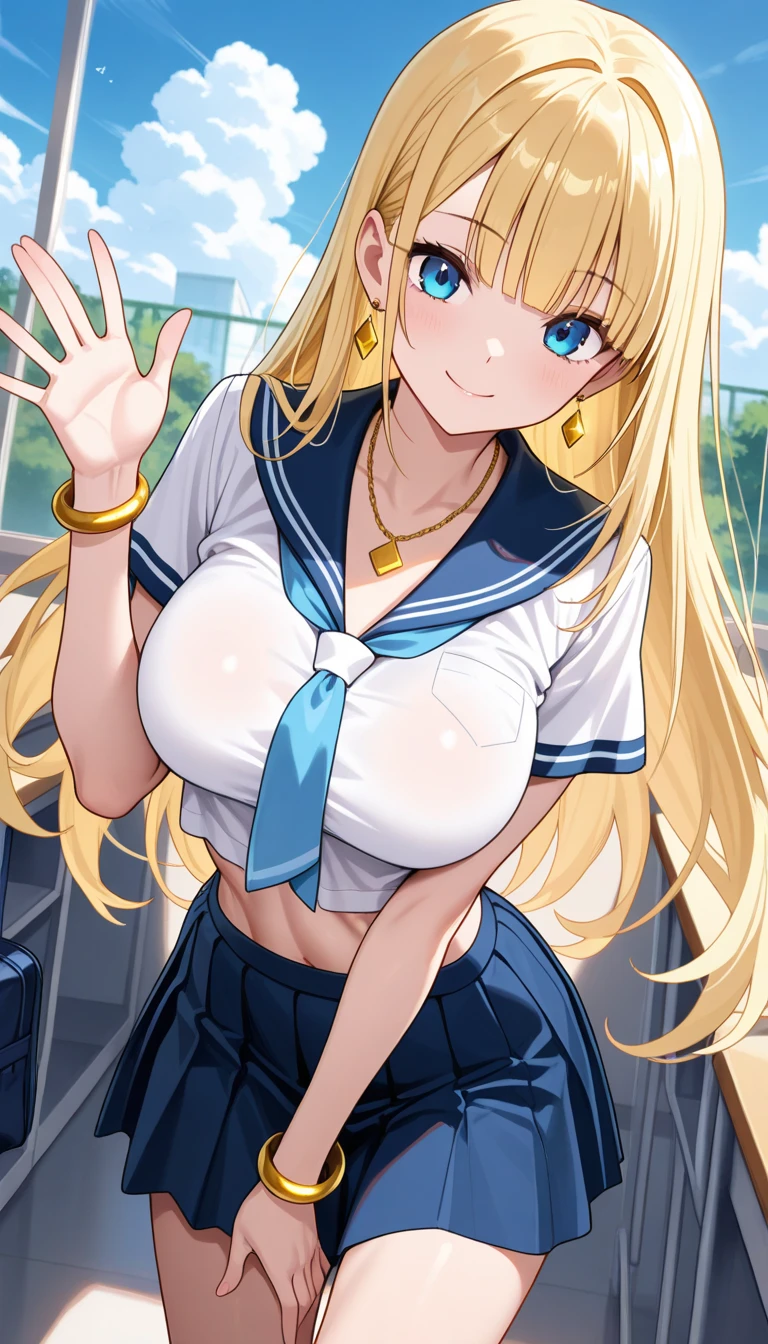 (Anime works, Anime Style, Studio Anime, Very detailed, Latest, Vibrant, Anime Coloring, High Contrast, masterpiece:1.2, Highest quality, Best aesthetics), A woman wearing a sailor suit, Pleated skirt,Skirt flip、 Big Breasts, hair accessory, Thighs glimpsed,White see-through panties、 blonde, Straight long hair, Perfect proportions, Skin with attention to detail, cute, Detailed face, Random sexy poses, School classroom, Accurate Fingers,