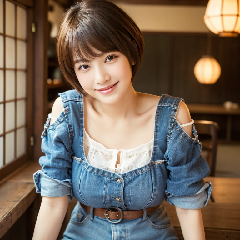 best quality, photorealistic, 4k, highres, perfect lighting, gorgeous, masterpiece, realistic, closeup portrait,
1girl, piercing eyes, wearing an off-shoulder jacket, medium breasts, short hair, looking at viewer, smile, outdoors, in a cafe