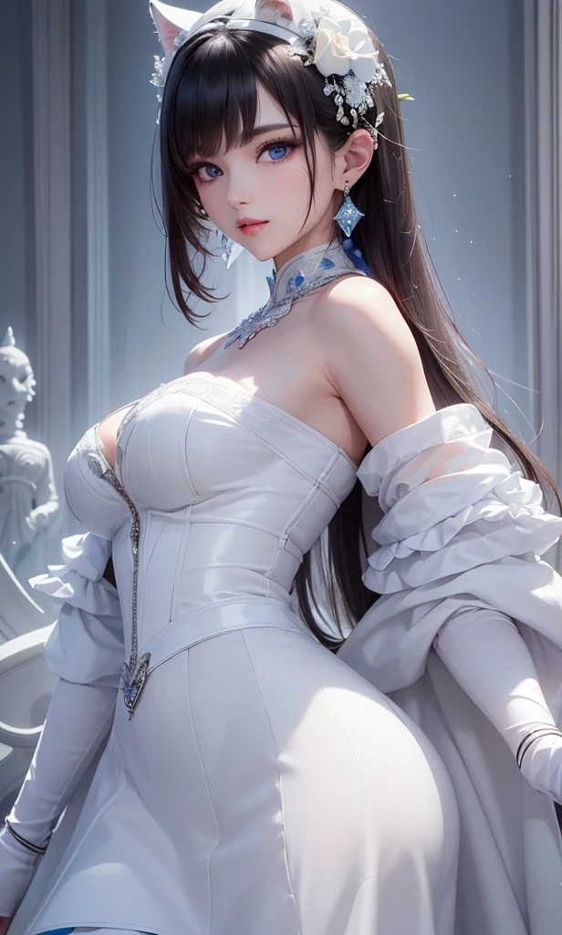 Close-up of a beautiful bride wearing a beautiful wedding dress, Gurwitz,(Pillory:1.5), (flail:1.2), flail on the head, flail on the hands,full body photo, whole body, (bridal veil: 1.5), (transparent short veil: 1.5), flushed face, head flower, tiara, Very detailed princess wedding dress,(tube wedding dress: 1.5), (silk dress: 1.2 ), (strapless wedding dress: 1.5), (floor length skirt:1.2), pure white dress,white long skirt, necklace, earrings, (huge breasts: 1.3), deep V heart-neck wedding dress, bangs, lipstick, (lace gloves: 1.3), high detail RAW Color art,