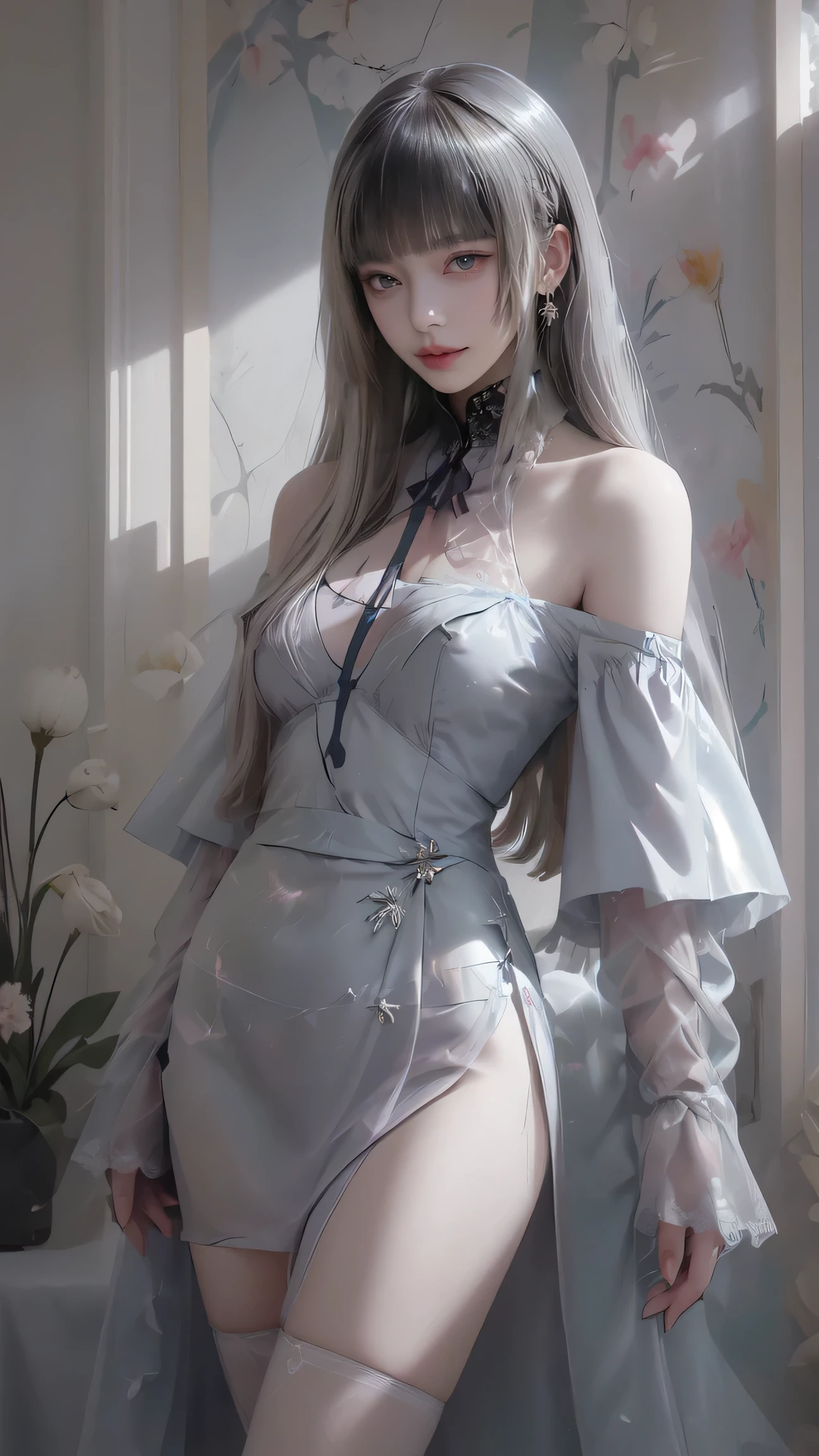 pphotorealistic, high resolution, 1 girl, hips up, white hair, aodai