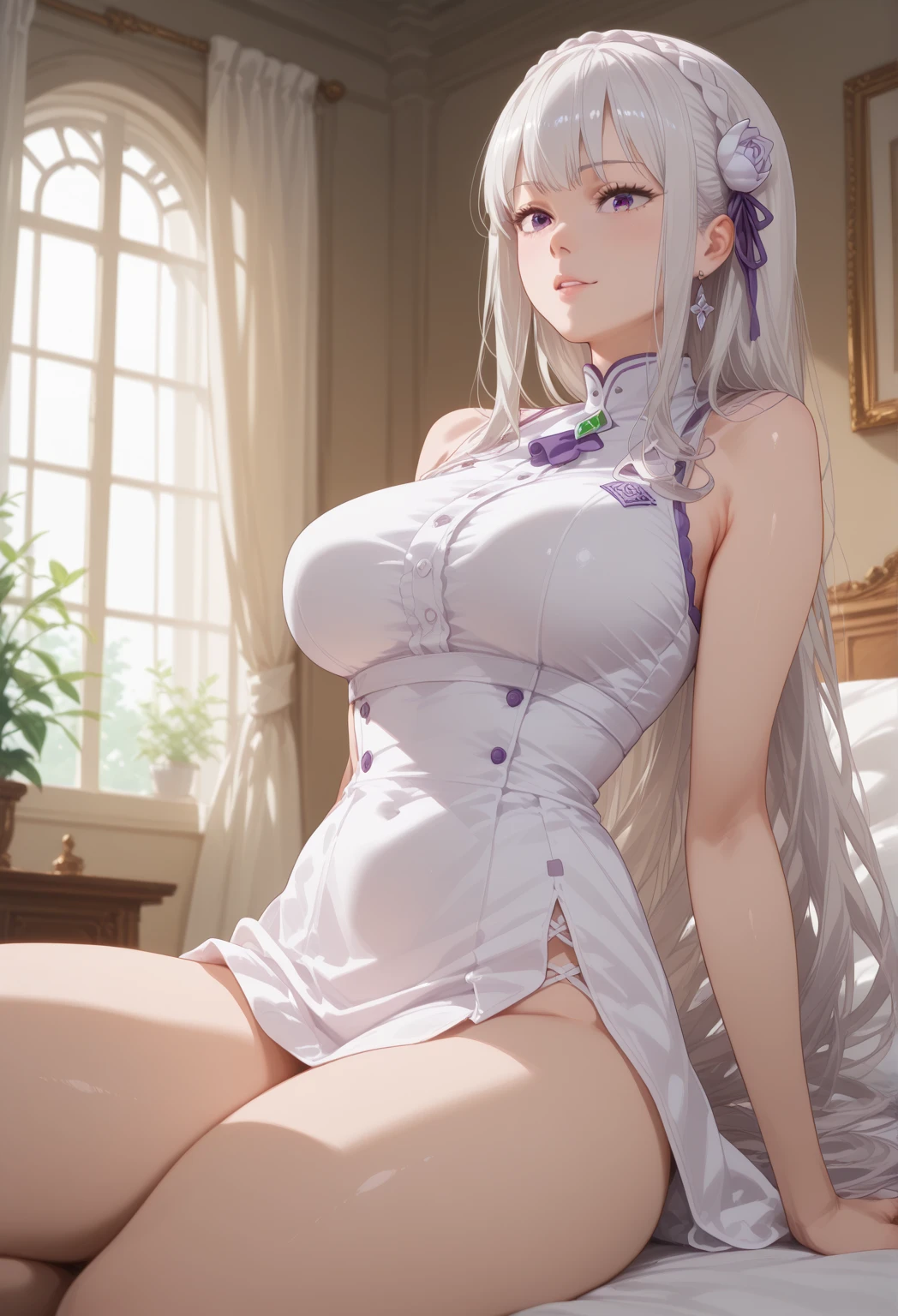 Best Quality, masutepiece,, Illustration, Wallpaper,1girl in, Solo, White shirt, Bright purple-silver hair, Semi-long hair, Beautiful detailed girl, extremely detailed eye and face, Beautiful detailed eyes, Shy, natural_Lighting, Glow,NSFW, Clean sky, Looking at Viewer, Outdoors, nigh sky, Star (skyporn), lowfers, Black pantyhose, blue bowtie, Straight hair, Purple petals, Purple and blue flowers, Red pupil, Ponytail, Blue Ribbon,White hair, Thick_thighs thighs thighs thighs, Large breasts,knee sox,Open your crotch,White panty,in bed room,