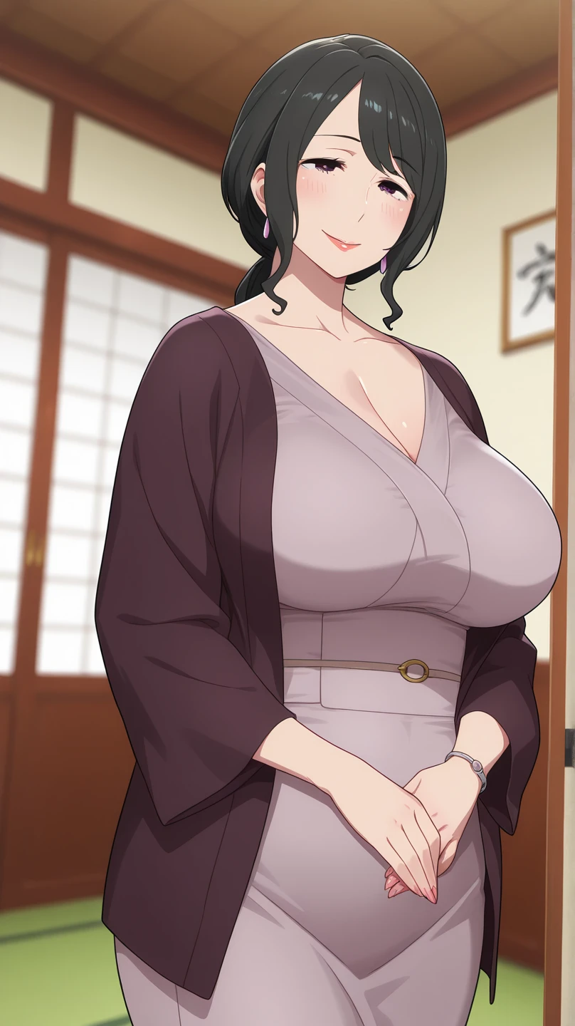 ((Masterpiece:1.4, best qualtiy:1.4, high resolution:1.4)), Katori, cleavage,1girll, Solo, Black hair, Glasses, Single braid, Huge breast, Japanese clothes, Smile, standing, arms back behind, Cowboy shot, adjusting eyewear