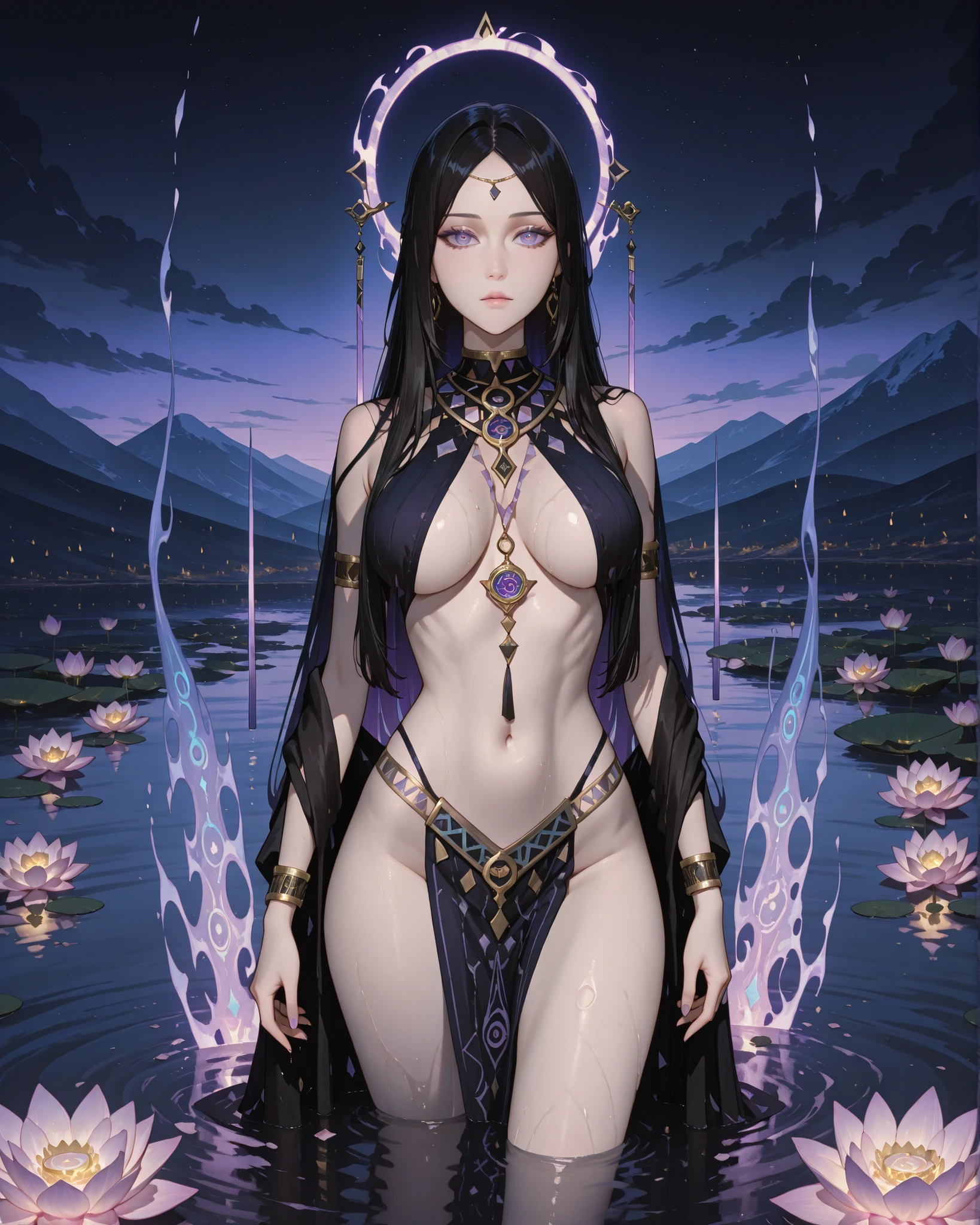 A mystical figure stands partially submerged in dark water, enveloped in an aura of mystery and enchantment. Her form is draped in a flowing cloak, revealing a bare, elegant body adorned with intricate jewelry, including a large pendant featuring a circular design and a horizontal hanging element. The scene is bathed in dark purples and blacks, with luminous violet energies swirling around her, forming a striking backdrop against mountainous silhouettes. She holds a large, black lotus flower emitting ethereal purple flames, casting a surreal glow in the dim atmosphere. The ambient lighting is low, enhancing the contrast between her pale skin and the dark surroundings. Her long, black hair cascades over her shoulders, complementing the overall gothic and arcane aesthetic. The mood is filled with an enigmatic and supernatural ambiance, drawing the viewer into a world of fantasy and mystery. The night sky above is filled with celestial patterns, adding to the scene's otherworldly charm.trixie