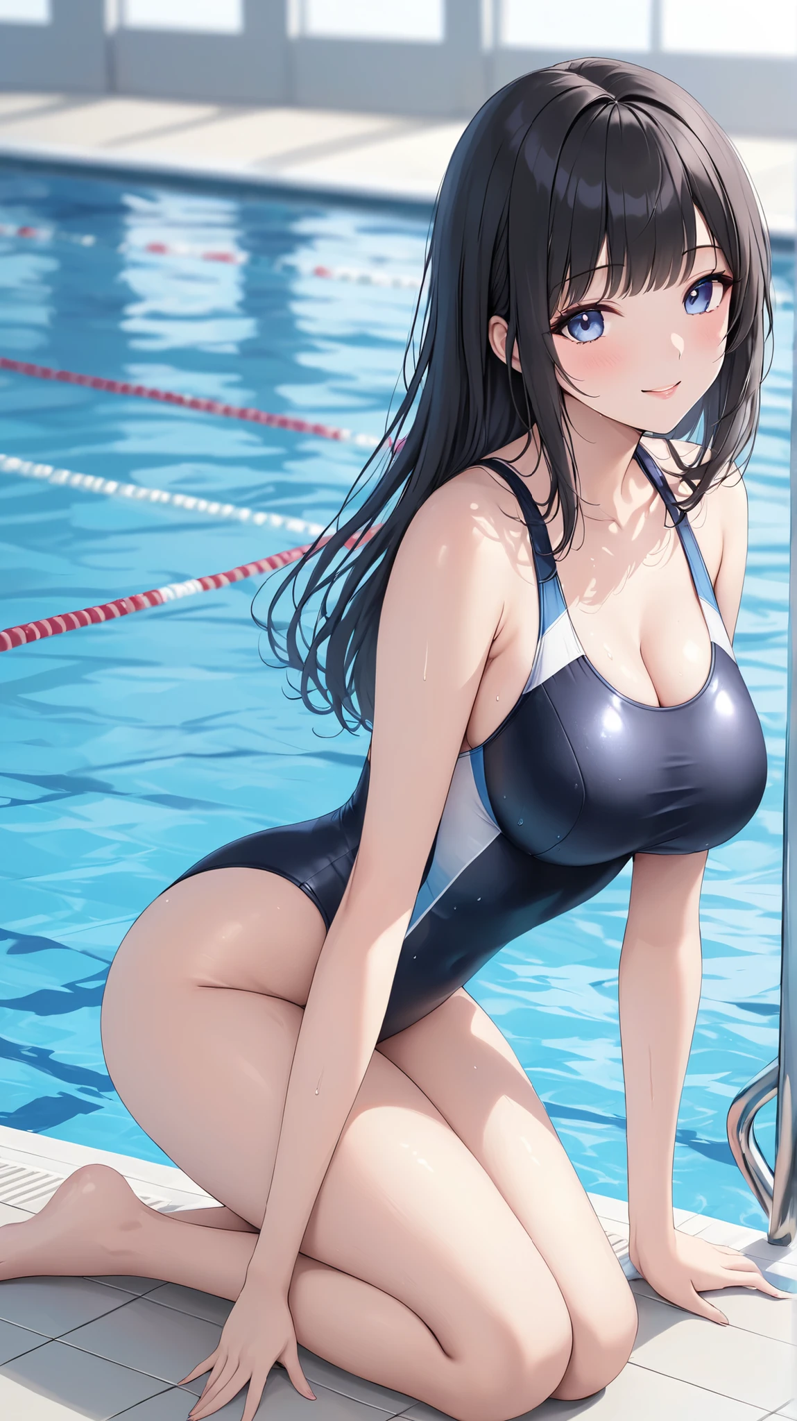 最high quality、Best image quality、masterpiece、With a girl((cute、18-year-old、Best Bust、Medium Bust、Bust 85,Beautiful Blue Eyes、Spread your chest wide,Black Hair、Slender、The best valley、、Blue school swimsuit,Show the whole body、Blue Mesh,Leaning forward greatly,smile))high quality、Beautiful art、background((summertime、Pool facilities、A large number of people々)),Tabletop、Exquisite design、Visual Arts、Depth of written boundary、Best lighting、Highest detail、8k