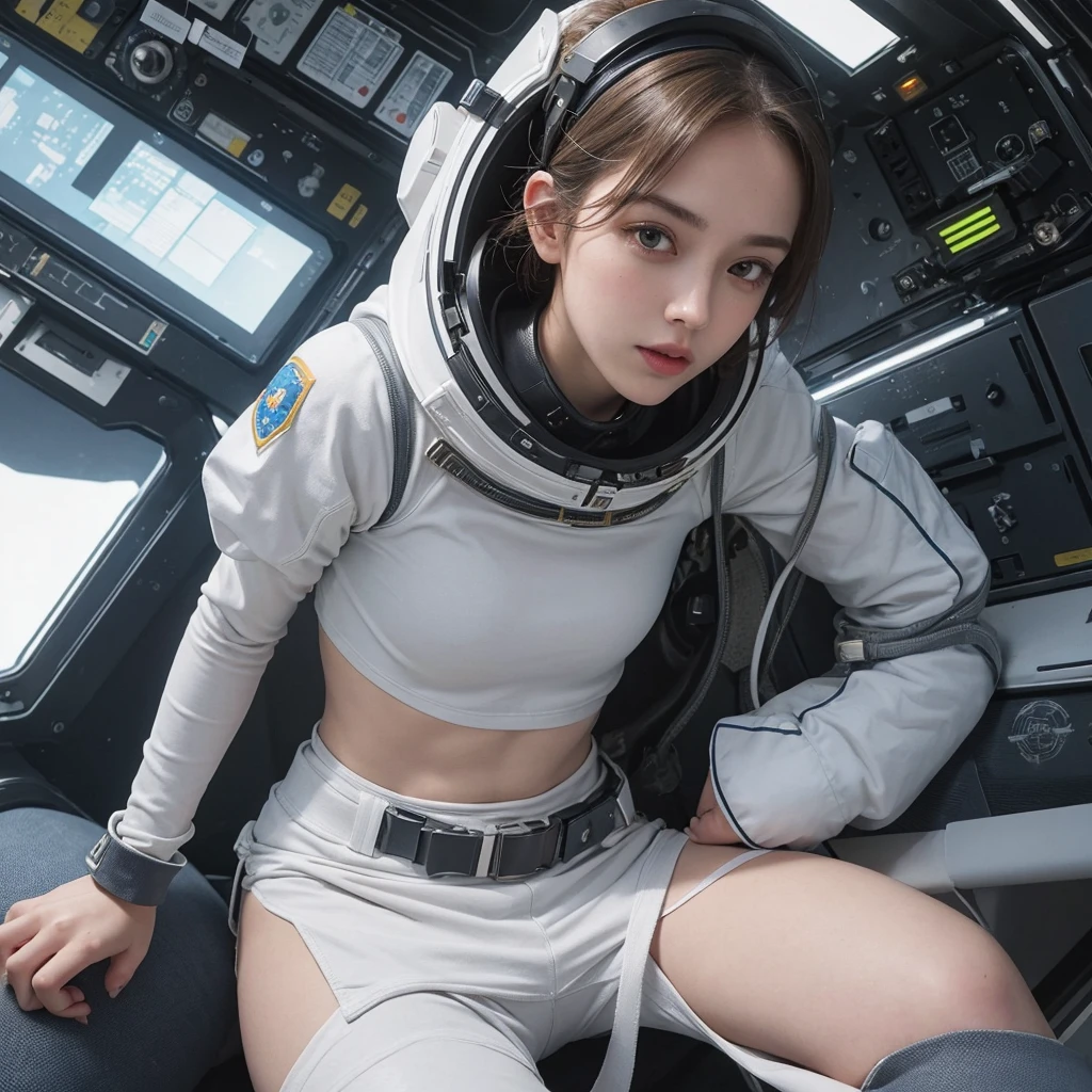 Long-range shooting, Low angle shot, A beautiful woman,Female astronaut,Pretty Face,beautiful eyes,高度detailed细节, (((Spacecraft interior))), 25 years old, In space,Floating weightlessly in the air on a spaceship, Hair is messy,Flowing long hair, Zero Gravity, Earth seen from the window of the space station, Wearing white tight stretch shorts and a white sports top,Complex clothes, Various floating liquids,Various floating boxes,4k extremely lifelike, uhd 4k highly detailed, ((Ethereal Light, Ultra-high resolution.lifelike:.1.4, (high detailed skin:1.2), 8K Ultra HD, Digital SLR Camera, high quality, Film Grain, Fuji XT3,(masterpiece) (best quality) (detailed) (light) (Clear focus) (complicated)