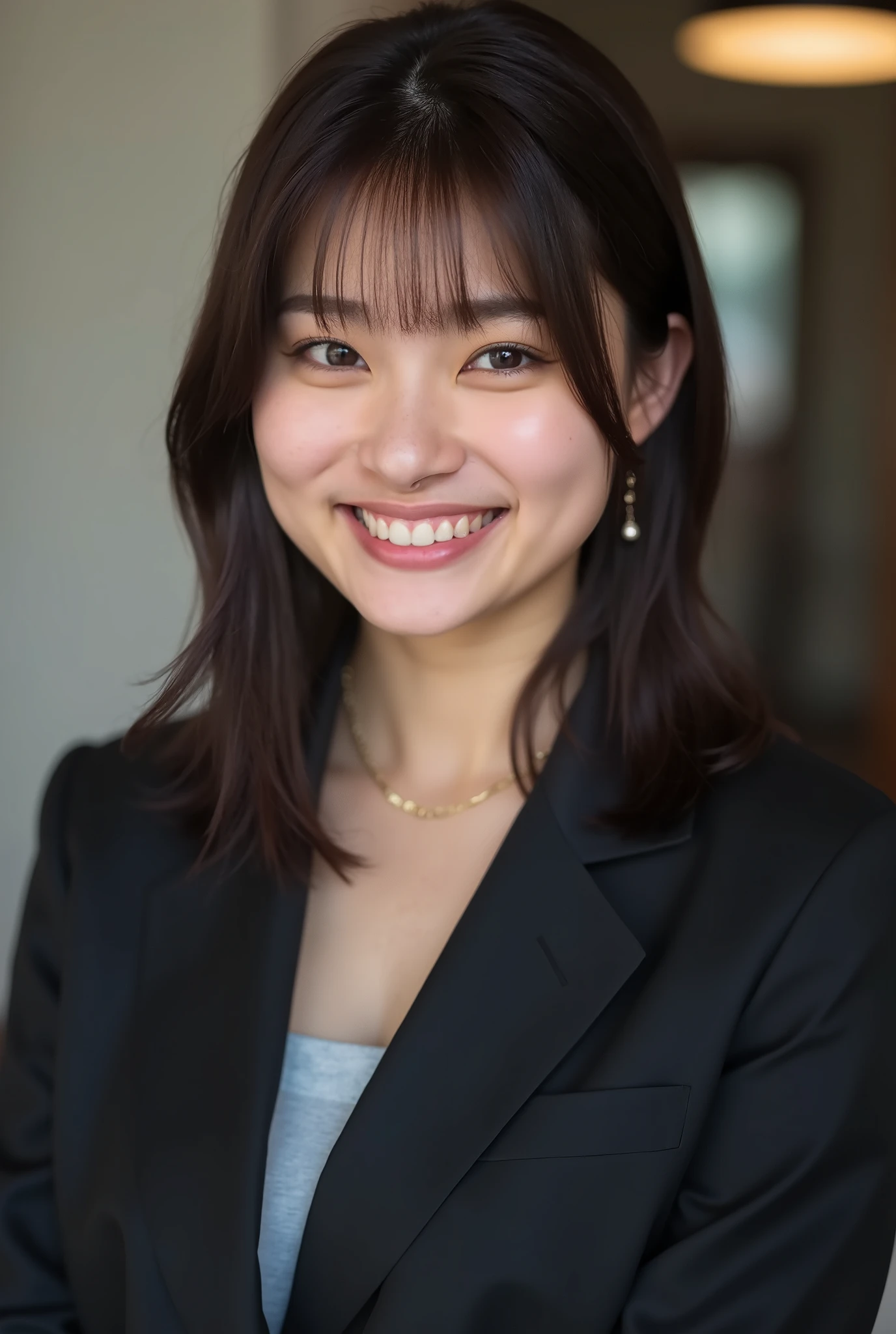 Neat Young Woman、and look at the camera、smile showing teeth、office lady suit、jacket、shirt、黒髪、、耳にピアス、 、dark eyeshadow、upper body、Background is in a room、