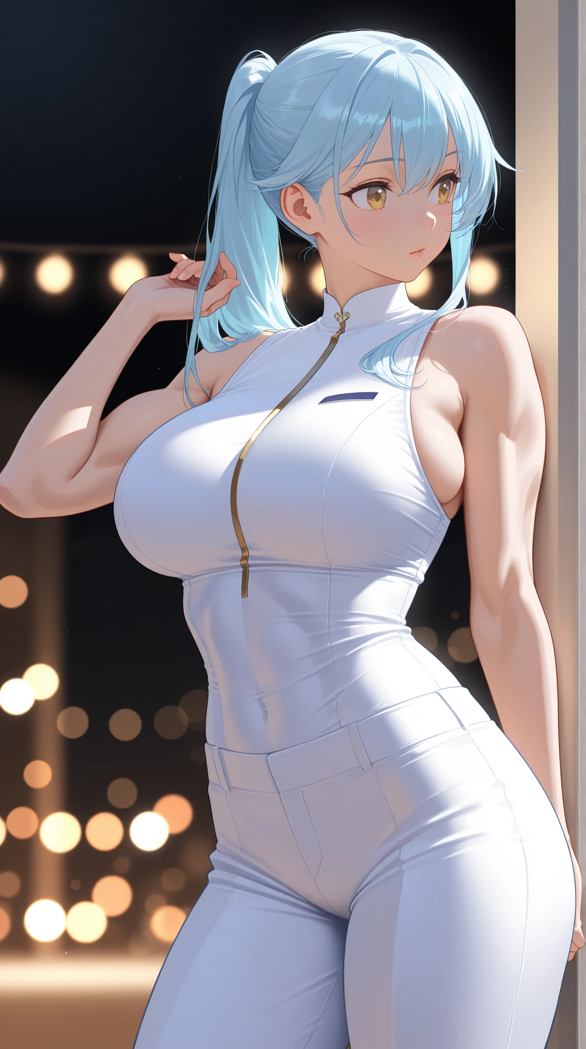 (anime),((animation)),game cg,in code geass style,(ponytail),(light blue hair:1.2),(Orange eyes),Stylish glasses,moon face,evil grin,(White color Sleeveless one-piece long dress:1.5),garter belt,30 years old,girl,sexy,beautiful,gleaming skin,(Background is a battlefield)