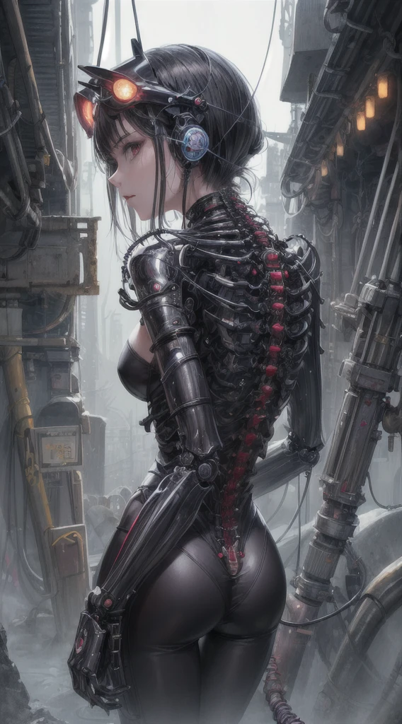 (((masterpiece))), ((best quality)), (ultra-detailed), (CG illustration), (an extremely devious and beautiful)), cinematic light, ((1 mechanical girl)), single, (machine-made joints: 1.4), ((mechanical limbs)), ( blood vessels attached to the tube), ((mechanical spine attached to the back)), ((mechanical cervical vertebrae attached to the neck), ((back to the viewer)), expressionless, (wires and cables attached to the head and body: 1.5), science fiction, apocalypse, ruins