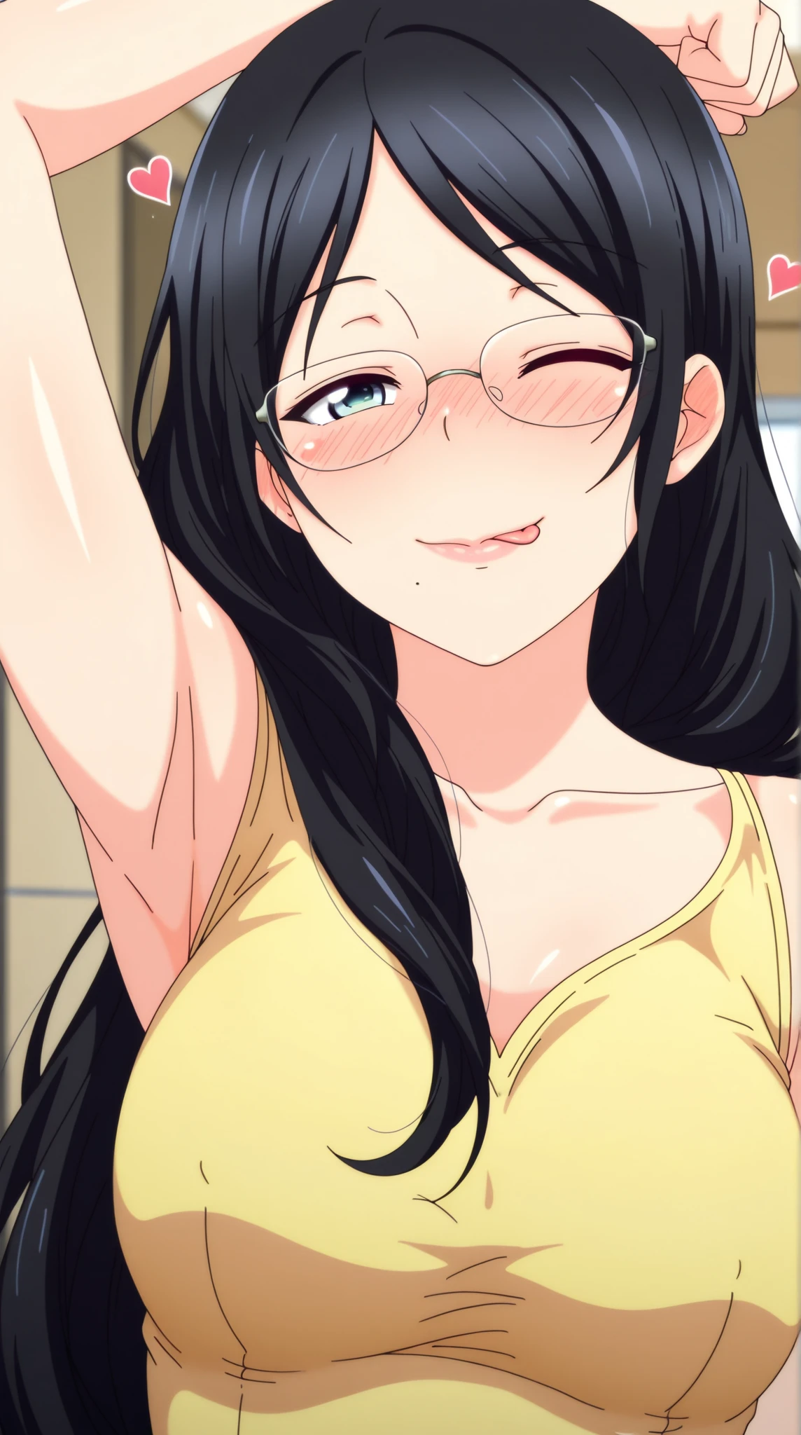 masterpiece, best quality, shimizu kiyoko, looking at viewer, black hair, blue eyes color, very large breasts, upper body, portrait, looking at viewer, seductive smile, armpits, armpits visible, sweaty armpits, pink bikini, wearing glasses, ponytail hair, ocean backround, nipples hard