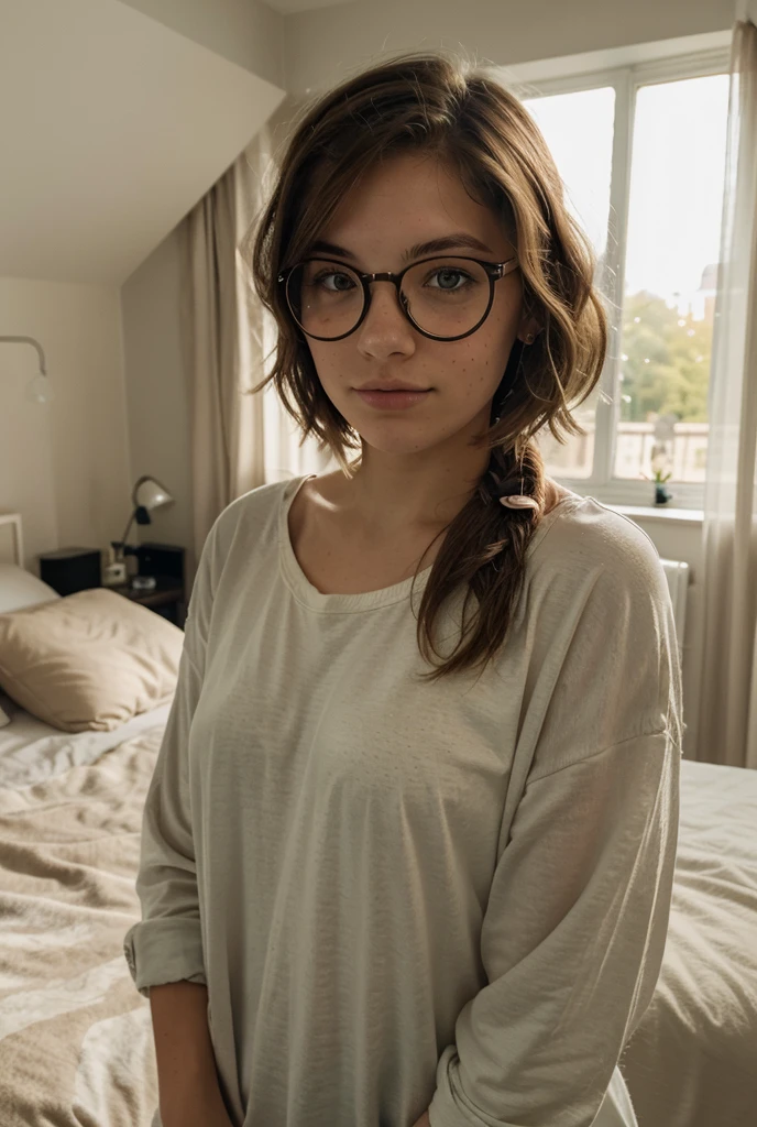 1 woman, 30yo,realistic photo, close-up:1.6, she is curled up in cozy corner, painting a romantic scene with 1 man 1 woman embracing, painted:1.4), she's creating (romance novel cover art:1.3) , she has reading glasses on and is intensely painting in her dark room under (one lamp light:1.1), (Rembrandt lighting:0.9) , (she's wearing comfy sweatshirt with cartoon graphic print on it, sweatpants and fuzzy slippers,),(her glasses are falling towards tip of her nose:1.2) , (relaxed intimate photoshoot), blonde hair, beautiful face, slight smile, (perfect single tiffany stained-glass light:1.2), painting supplies, water dish, art posters in background, cozy relaxed, with head down her eyes look up at camera, catching us, beautiful hands, kind eyes, (interior reading corner is beautiful:1.6), gorgeous soft warm lighting:1.4,, incredible details, ((high contrast)), (deep, darkest shadows), (shadow details:1.0), ((taken using Leica camera, aperture: f/2.3)) , hyper-realistic skin, pores and freckles, (she has blonde hair, long and messy, narrow pastel hairband), healthy skin, blushing, her arms relaxed holding book, blankets around her, relaxed moment, she's in dark with natural light glow, (romantic light:1.2), radiant skin, perfectly framed face, perfect relaxed hands, perfect fingers, (perfect portrait, incredible eyes:1.1), a work of art, beautiful composition, golden ratio, playful joy, inspiring, (highest quality fabric texture), every detail,Fine facial features – (Highest Quality) ,Leica camera film, High quality ○○ detailed – ○○ details ultra detailed(Ultra-fine ), Photorealistic, Extremely detailed(Extremely detailed) , (highest detail image, lens flare, realistic)○○ res – ○○ resolution ultra high res(A high resolution),playful relaxed photos