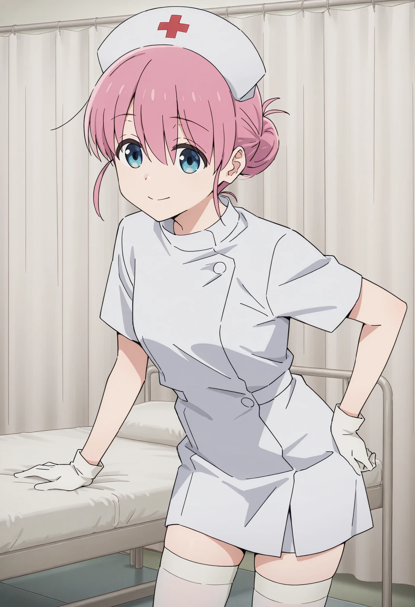 Score_9, score_8_up, score_7_up, source_anime, Michiyo Gotoh (character), 1girl, solo, pink hair, blue eyes, hair bun, (best quality), (high quality), {masterpiece}, extremely delicate and beautiful, ultra-detailed, beautiful detailed eyes, nurse, nurse hat, ((white nurse's outfit)), white gloves, white thighhighs, hospital room, smile, closed mouth, standing