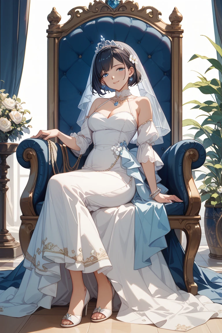Photo of woman in wedding dress, poster, pixiv, huge breasts of SFW covered, , big!,🚿🗝📝 Woman in white dress is sitting in dining room