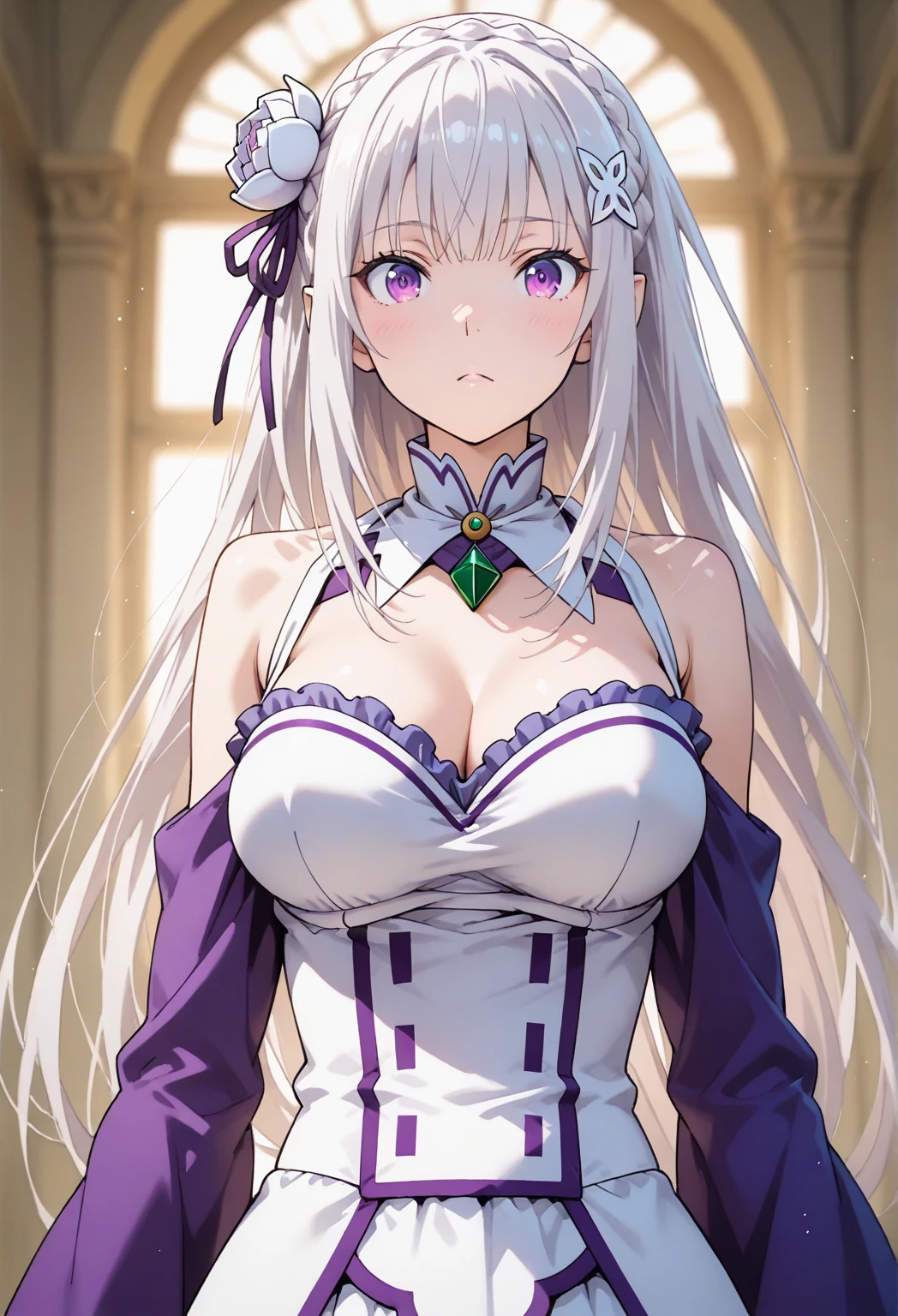 a women, white hair, purple eyes, white dress