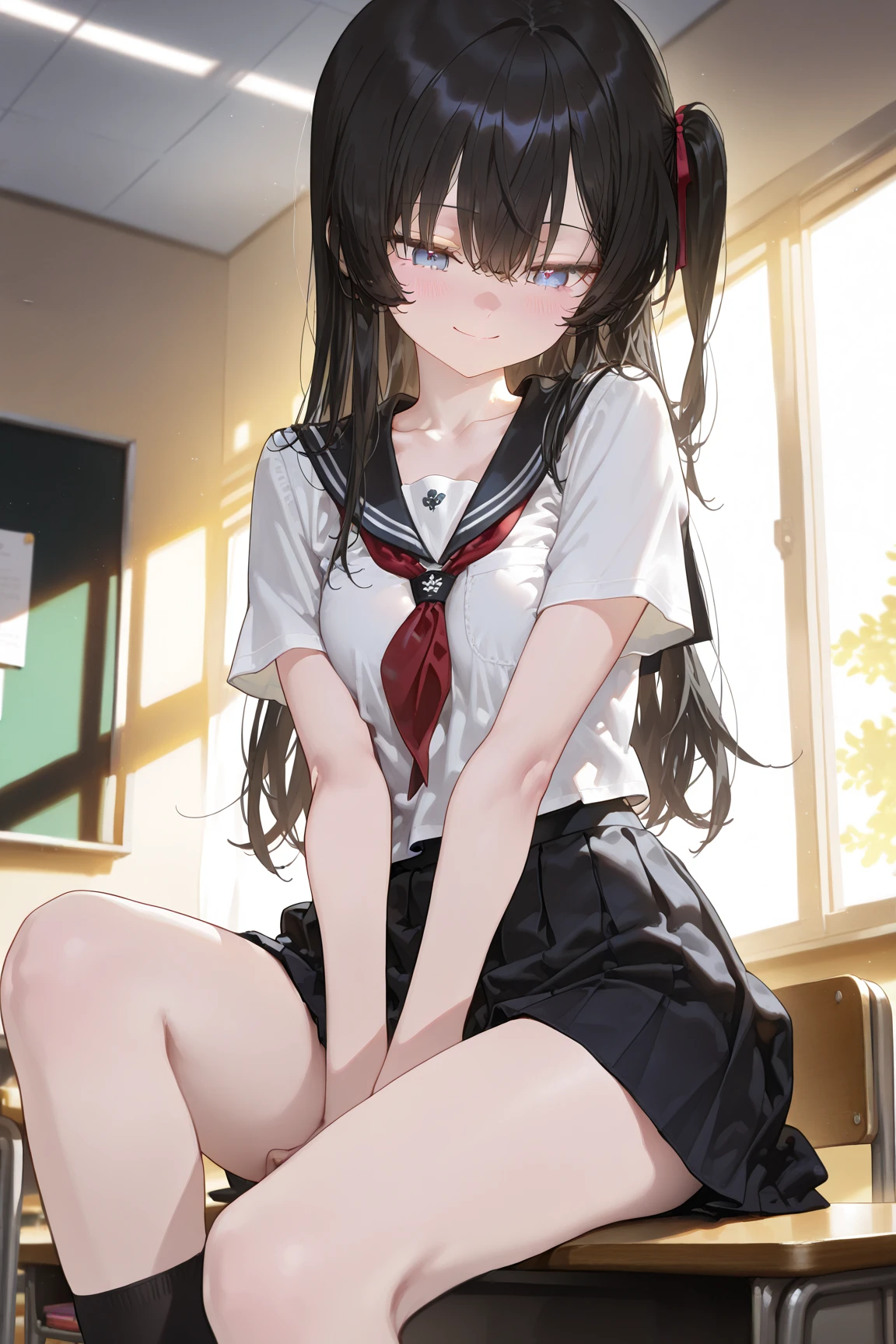 (8k、RAW Photography、top-quality、masterpiece:1.2)、(realisitic、Photorealsitic:1.37)、ultra-detailliert、超A high resolution、Girl with 1 person、see the beholder、beautifull detailed face、a smile、Constriction、(slim waist:1.3)、Beautiful detailed skin、Skin texture、floated hair、profetional lighting、Super delicate and cute girl with black hair、girl with、Solo、1 persons、a junior high school student、14years、Dark hair、Black eyes、length hair、with blush cheeks、Reluctant、sense of terror、Bobby Socks、pleatedskirt、Light blue shirt、disheveled costume、perspiring、schools、Inside the classroom、lying on floor、