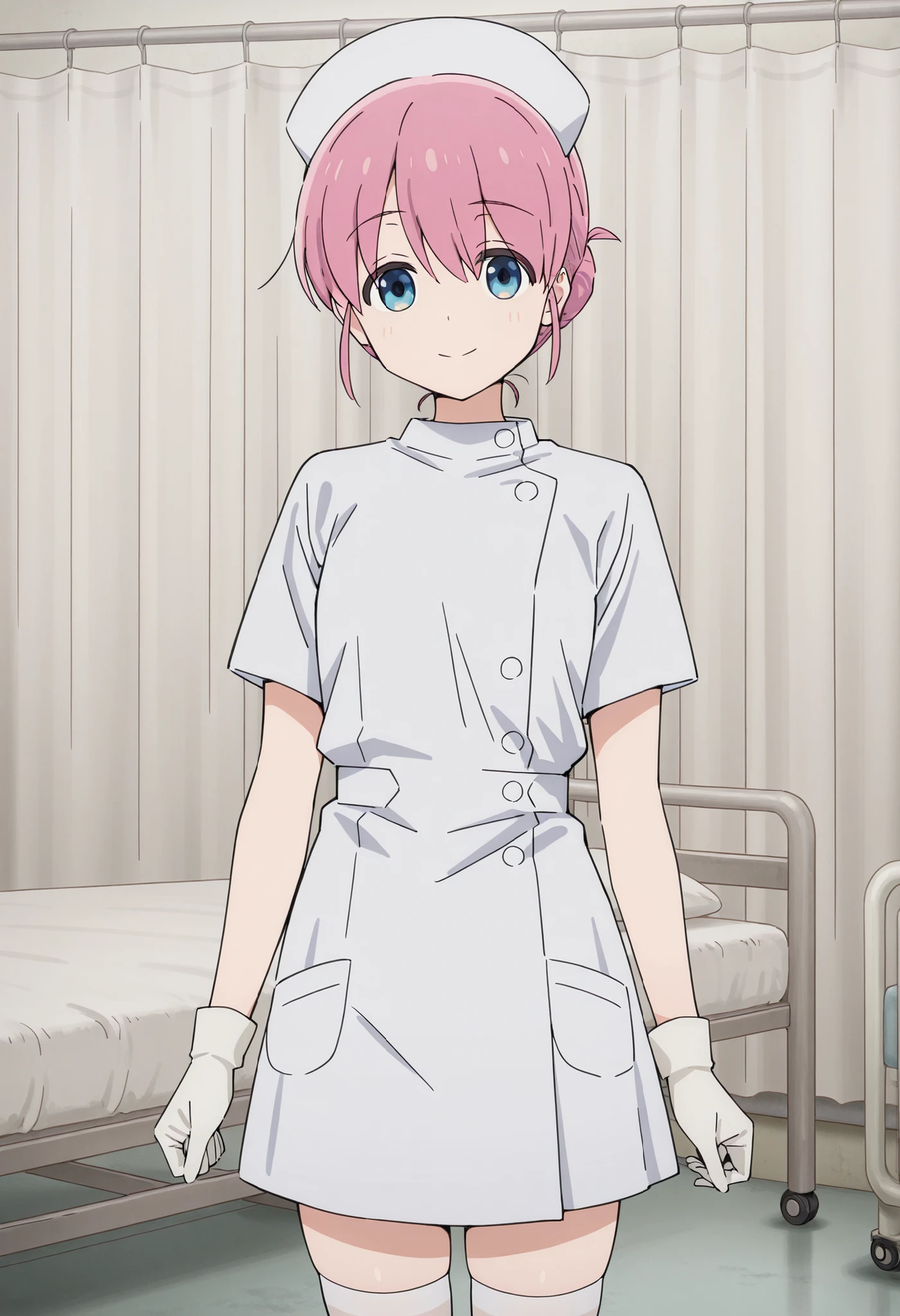 Score_9, score_8_up, score_7_up, source_anime, Michiyo Gotoh (character), 1girl, solo, pink hair, blue eyes, hair bun, (best quality), (high quality), {masterpiece}, extremely delicate and beautiful, ultra-detailed, beautiful detailed eyes, nurse, nurse hat, ((white nurse's outfit)), white gloves, white thighhighs, hospital room, smile, closed mouth, standing