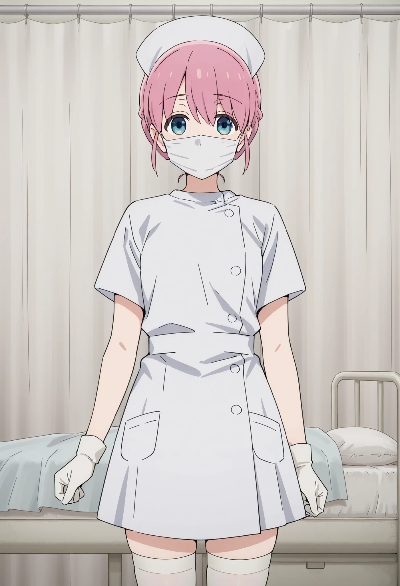 Score_9, score_8_up, score_7_up, source_anime, Michiyo Gotoh (character), 1girl, solo, pink hair, blue eyes, hair bun, (best quality), (high quality), {masterpiece}, extremely delicate and beautiful, ultra-detailed, beautiful detailed eyes, nurse, nurse hat, ((white nurse's outfit)), white gloves, white thighhighs, hospital room, ((white mask, mouth mask, covered nose)), standing