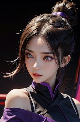 spider-woman, black suit, dangerous, beautiful eyes, violet hair, half body, masterpiece, ultra high details, Tokyo city 