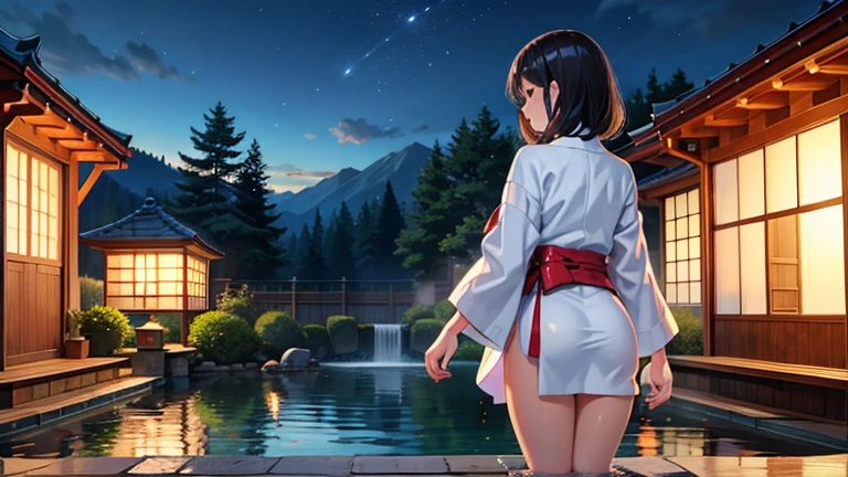 ((panty shot)),((lifting skirt)),((white beautiful panties focus)),Vulgar,low angle,from below, cleavage,(( looking back at the viewer)),
(looking back at the viewer),full body,low angle,from below,♥(japanese flower printed yukata),(bathing in the spa), ((1girl,cute,young,Semi long beautiful black hair,blunt bangs,beautiful green eyes)),(solo),((masterpiece, highest resolution,best quality)), ((realistic:1.5,Beautiful girl RAW photo)), (bathing in the spa),(japanese flower printed yukata),  innocent smile,cinematic lighting,beautiful outside open spa, rocks,natural beauty,full moon,night sky
