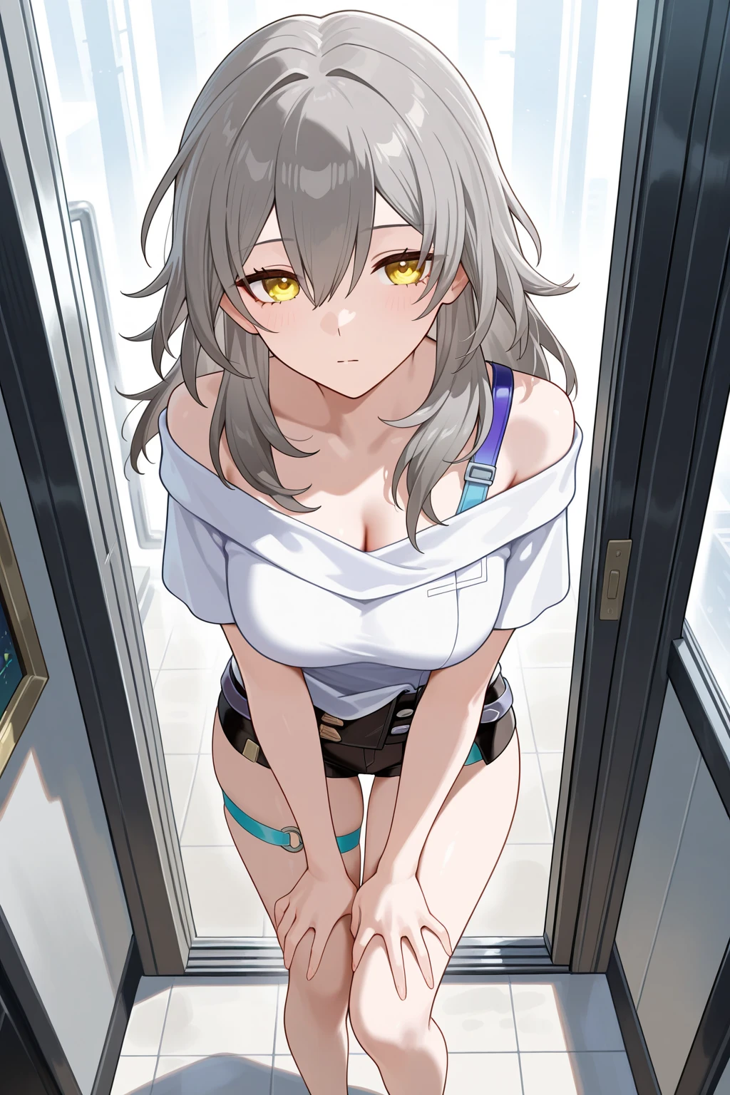white hair, long hair, s eyes:1.5), (Medium Breast:1.2),
rest miniskirt, skirt, White shirt, Setofuku,Low-cut,Cleavage,With eyes closed,
rest looking at viewer,
rest indoors, bathhouse,
rest (masterpiece:1.2), best quality, high resolution, Unity 8k Wallpaper, (illustration:0.8), (Beautiful and delicate eyes:1.6), Extremely detailed face, Perfect lighting, Extremely detailed CG, (Perfect hands, Perfect anatomical structure),