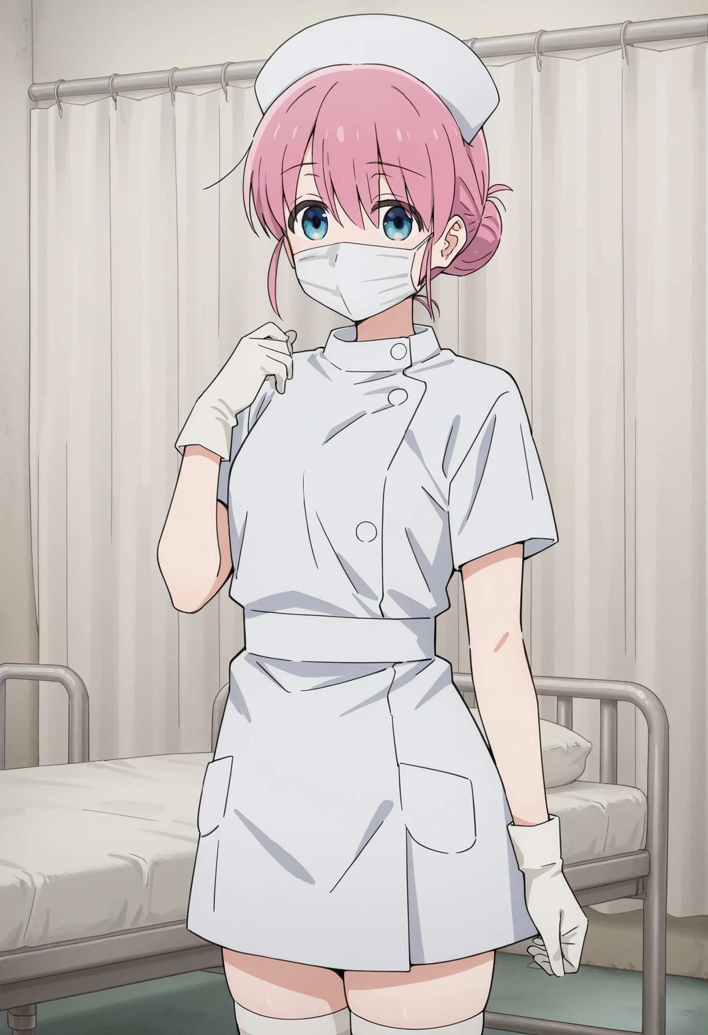 Score_9, score_8_up, score_7_up, source_anime, Michiyo Gotoh (character), 1girl, solo, pink hair, blue eyes, hair bun, (best quality), (high quality), {masterpiece}, extremely delicate and beautiful, ultra-detailed, beautiful detailed eyes, nurse, nurse hat, ((white nurse's outfit)), white gloves, white thighhighs, hospital room, ((white mask, mouth mask, covered nose)), standing