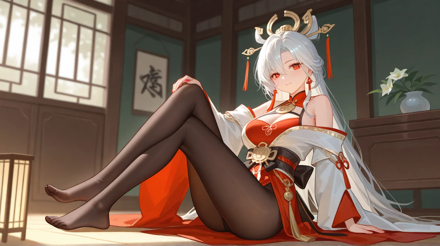 GDAAC, ChineseDressAegir, 1girl, solo, sitting, looking at viewer, spread legs, holding, red eyes, shoe dangle, covered nipples, parted lips, chair, mole on breast, white hair, yellow eyes