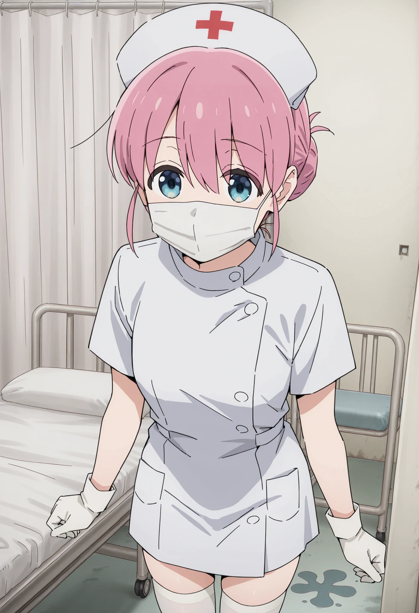Score_9, score_8_up, score_7_up, source_anime, Michiyo Gotoh (character), 1girl, solo, pink hair, blue eyes, hair bun, (best quality), (high quality), {masterpiece}, extremely delicate and beautiful, ultra-detailed, beautiful detailed eyes, nurse, nurse hat, ((white nurse's outfit)), white gloves, white thighhighs, hospital room, ((white mask, mouth mask, covered nose)), standing