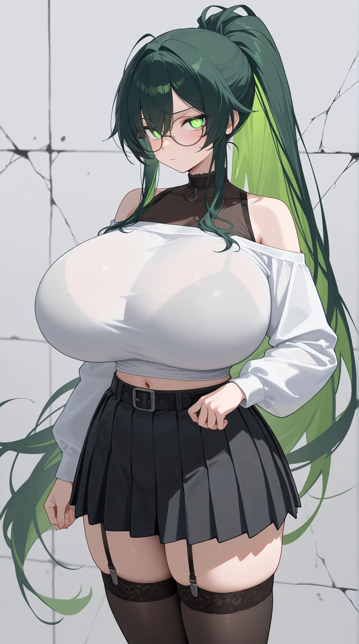 Green hair,gigantic breasts,gigantic hip,green pantyhose,no shoes,With his back to the camera,weeping,Heavy rainy days,forest