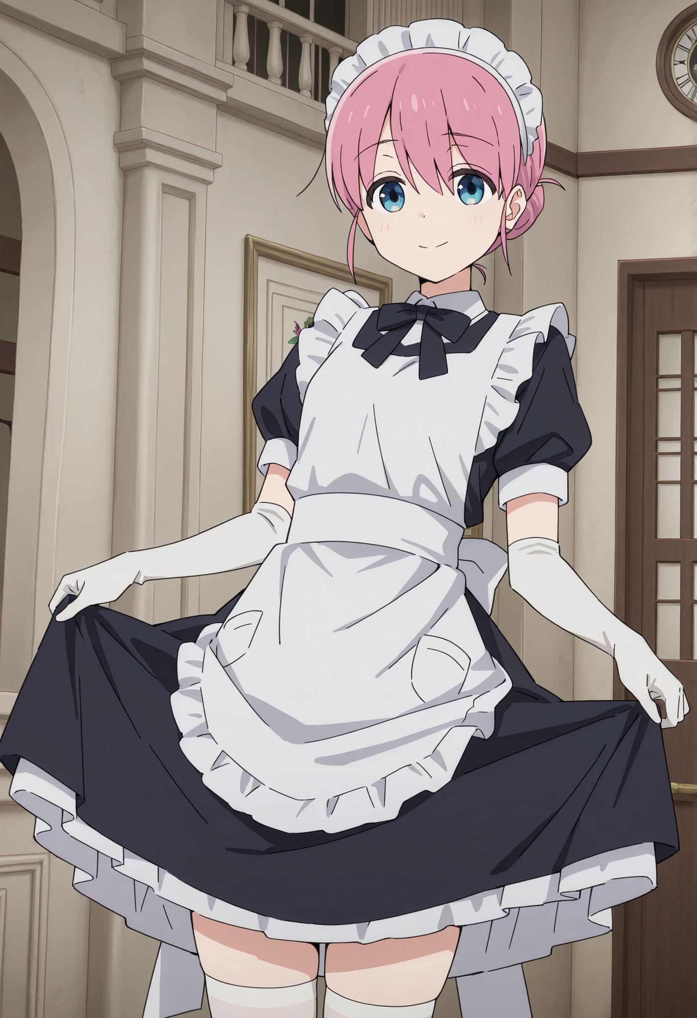 Score_9, score_8_up, score_7_up, source_anime, Michiyo Gotoh (character), 1girl, solo, pink hair, blue eyes, hair bun, (best quality), (high quality), {masterpiece}, extremely delicate and beautiful, ultra-detailed, beautiful detailed eyes, maid, black maid costume, short sleeves, puffy sleeves, white headdress, white frilled apron, white elbow gloves, white thighhighs, mansion, indoor, smile, closed mouth, standing