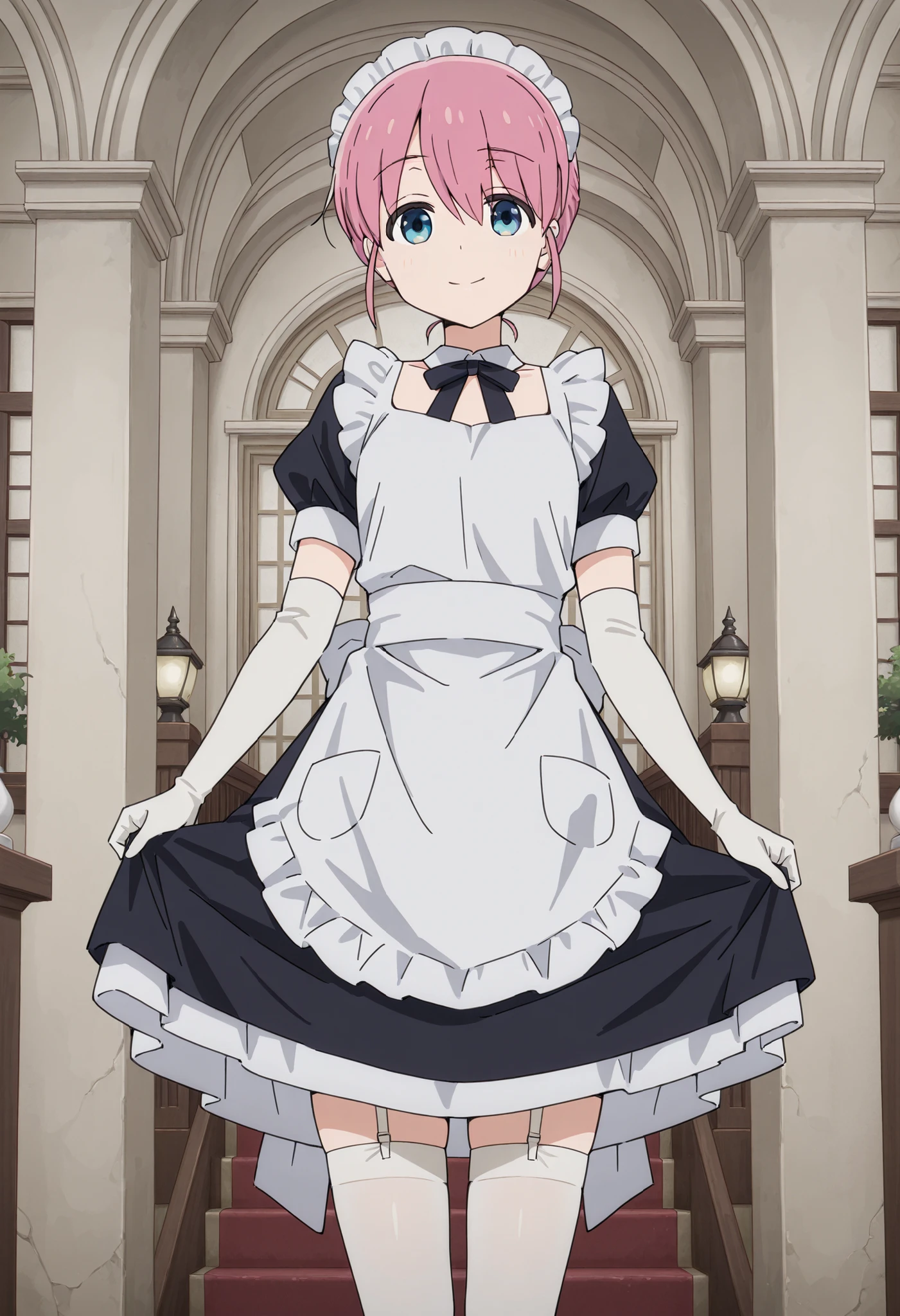 Score_9, score_8_up, score_7_up, source_anime, Michiyo Gotoh (character), 1girl, solo, pink hair, blue eyes, hair bun, (best quality), (high quality), {masterpiece}, extremely delicate and beautiful, ultra-detailed, beautiful detailed eyes, maid, black maid costume, short sleeves, puffy sleeves, white headdress, white frilled apron, white elbow gloves, white thighhighs, mansion, indoor, smile, closed mouth, standing