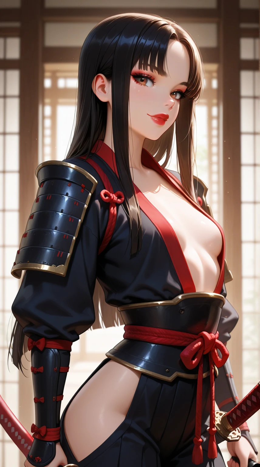 female big breast samurai armor long black hair red eyes village