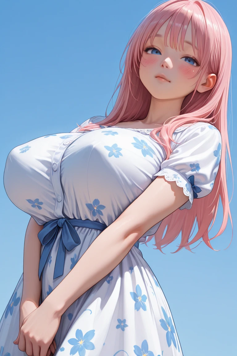 Large breasts, Cute girl, holding a ,1 year old boy, big sized breast, open neckline, white apron, sleeveless, cleavages, ultra realistic eyes , garden outside, pink cooler hair, bright green eyes, ultra realistic detailed eyes, innocent eyes, looking at camera, long hair,