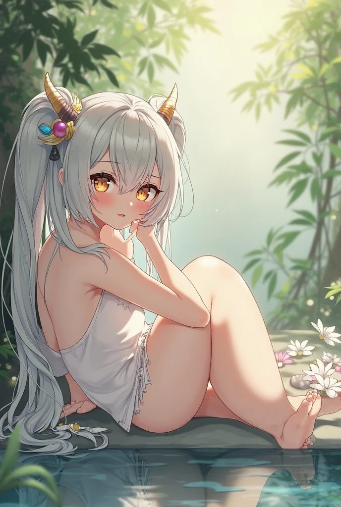 ((best quality)), ((masterpiece)), (detailed), final fantasy xiv au ra, miqo'te, viera,  NSFW, small breasts, tiny breasts, prominent collarbones, skinny arms, flat stomach, visible hip bones, long hair, red hair, white hair, blonde hair, dark hair, ponytail, thick ponytail, heavy ponytail, outback, tropical temple, jungle, toned, trees in the background, depth of field, saturated, clean, detailed, hyperdetailed, Intricate, detailed skin, skin pores, ultra quality, white hair, red eyes eyes, pink skin, swimming in tropical jungle river, waterfall in background, morning light, long white hair, ((fluffy bushy rabbit tail)), ((no human ears))