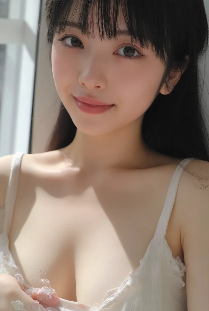 ((Best picture quality, 8K, tmasterpiece:1.3)), 1girll, Beautiful woman with slender abs:1.3, (Casual hairstyle, Leaky big breasts:1.2), Low-cut bra,Super large,Ultra-fine face, A detailed eye, 二重まぶた,ssmile,Home,The figure is very bad,tiny small waist,Super big breasts,Close-up,Close-up chest,White-skinned,The background is casual,Close-up Shot Shot