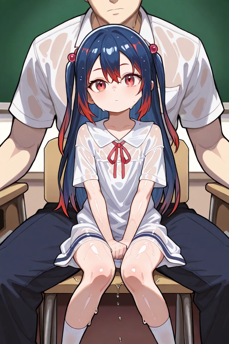 score_9, score_8_up, score_7_up, source_アニメ, masterpiece, 1girl, watahana, Blue eyes, hair ornament, hair flower, school outfit, blue dress, sailor dress, white sailor collar, red bow, in the train, Molester, full body, Eyes are hearts、Primary school students, Black hair、Shiny Hair, Highest quality、skirt open、blush、Watery eye、Sex、Creampie、vaginal penis, missionary, saliva trail, (orgasm), Drooling pulls a thread、Semen overflowing、(A lot of semen)、(Violent Rape)、(Trembling)、1boy, intercourse with a man, Insert the big penis、((uterus at viewer penis inserted into pussy from cross section looking through))
