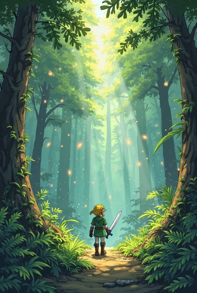 (The Legend of Zelda), Brave Link, forest, by James R. Eads, Georges Seurat Style, full body, (Photography), panoramic view, award-winning, cinematic still, emotional, vignette, dynamic, vivid, (masterpiece, best quality, Professional, perfect composition, very aesthetic, absurdres, ultra-detailed, intricate details:1.3)