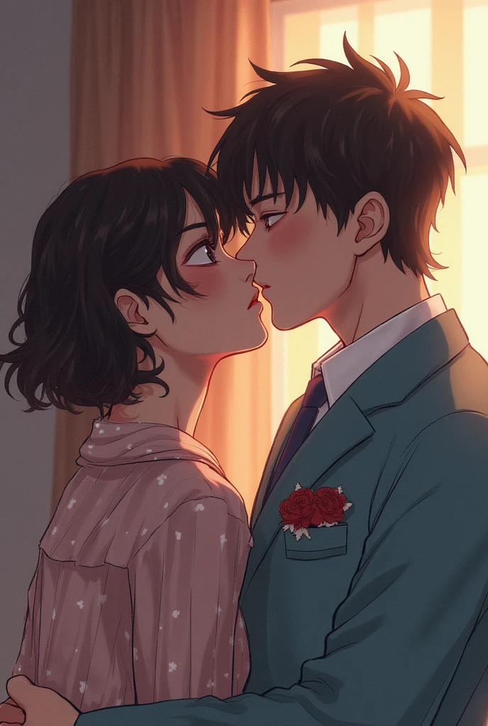 1boy, buzzcut, casual shirt, boy behind girl, touching chest, breatsgrope from behind, grab, grabbing chest,chestgrab behind back, hold breast, hug back, hugging, neck kiss, 1girl, bangs, black hair, blush, brown eyes, red headband, red ribbon, short hair, yellow cardigan, open shirt, white dress, cleavage, open mouth, medium breasts, dark Alley, night, night sky