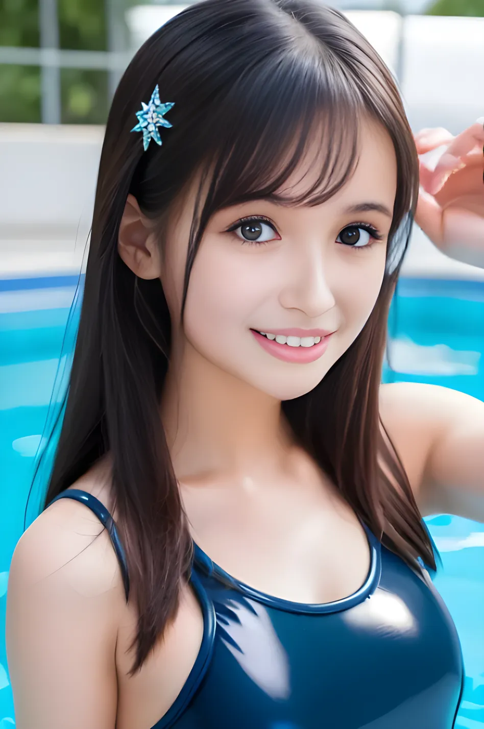 Highest quality, (beautiful)、Take a dip in the pool、Shoot from above、Selfie、Soft 、night、Bare shoulders、Outdoor、steam、smile