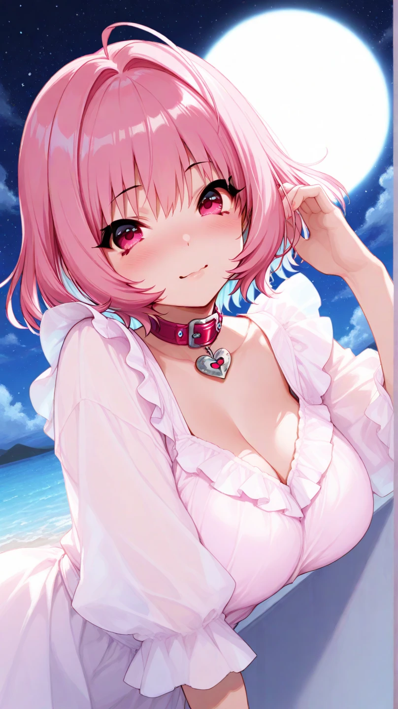 masterpiece, best quality, absurdres , perfect anatomy , smiling , (((busty))), ,1girl, sensual body, Her cheeks flushed, pink hair, swimsuit, Forward bend , looking at me , beach